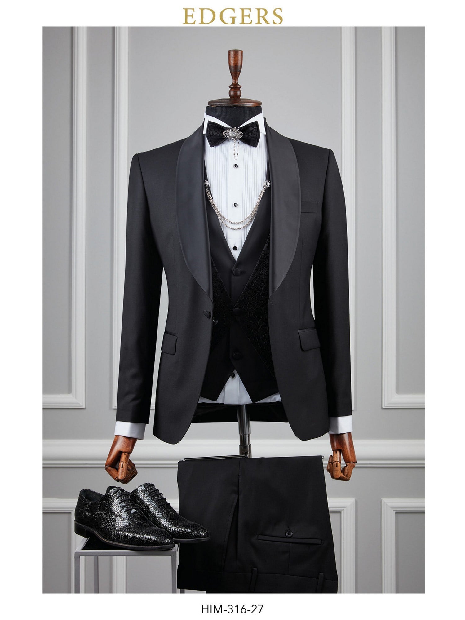 Edgers Tek Düğme Yelekli Black Slim Fit Damatlık Takım HİM 316