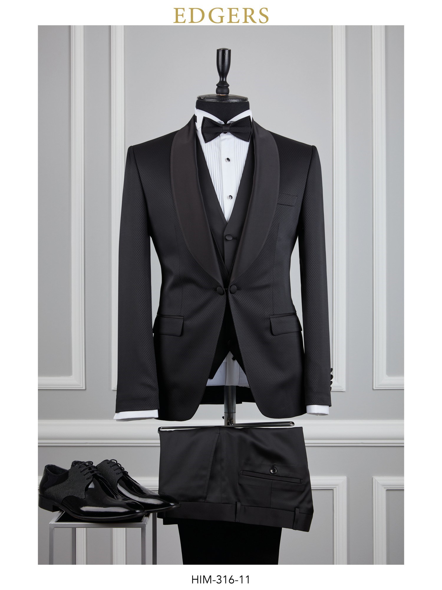 Edgers Tek Düğme Yelekli Black Slim Fit Damatlık Takım HİM 316