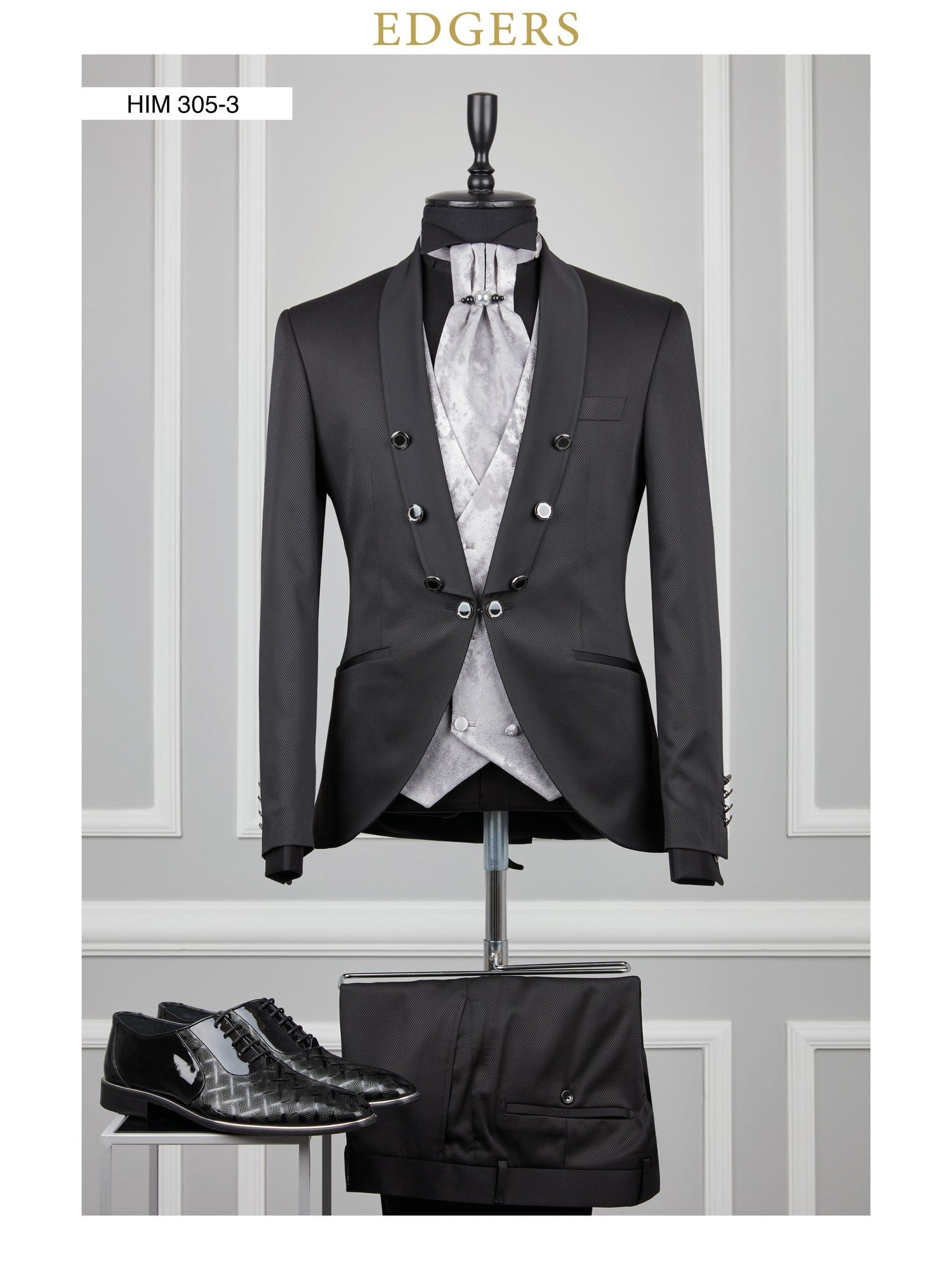 Edgers Tek Düğme Yelekli Black Slim Fit Damatlık Takım HİM 305