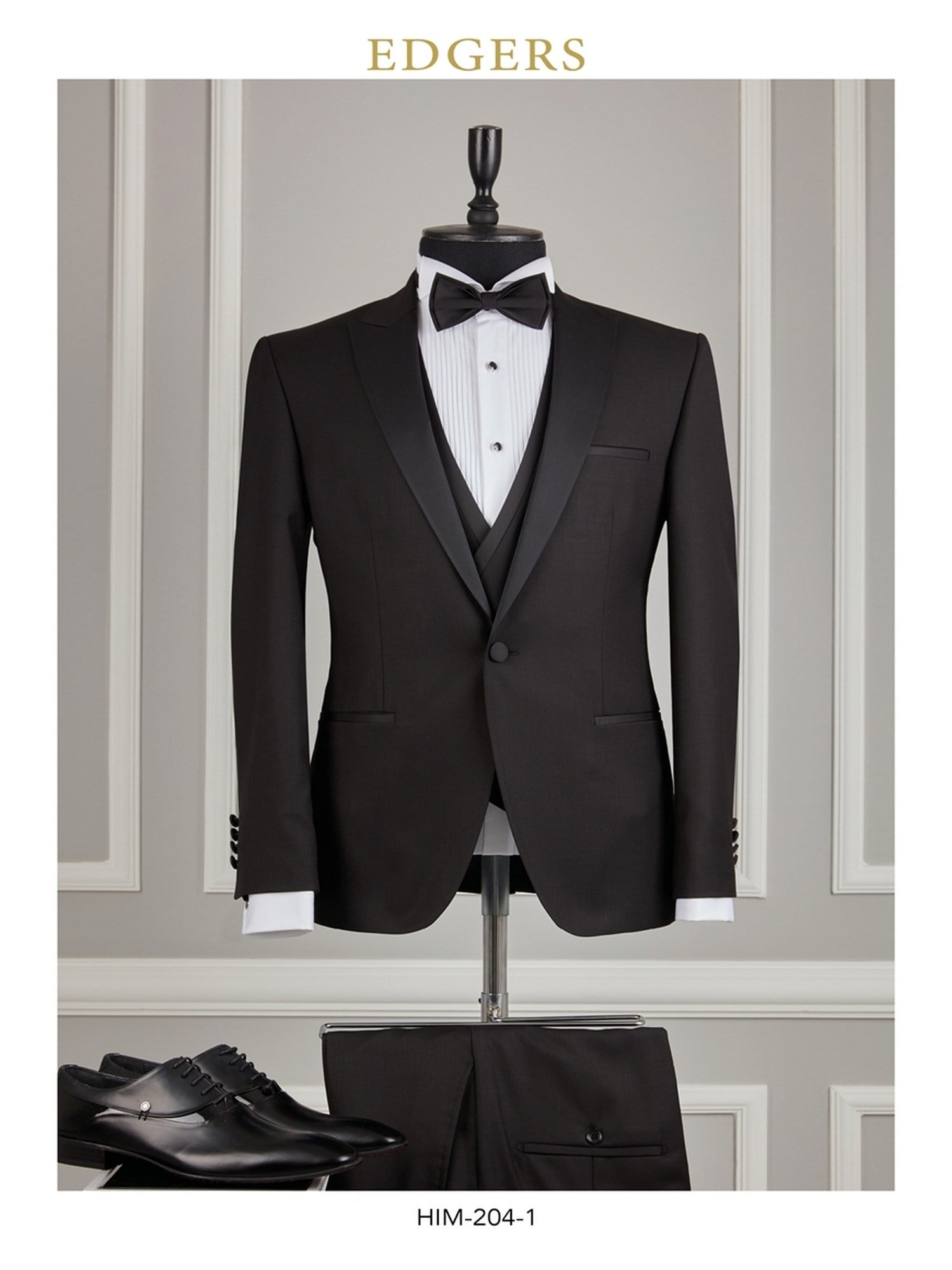 Edgers Tek Düğme Yelekli Black Slim Fit Damatlık Takım HİM 204