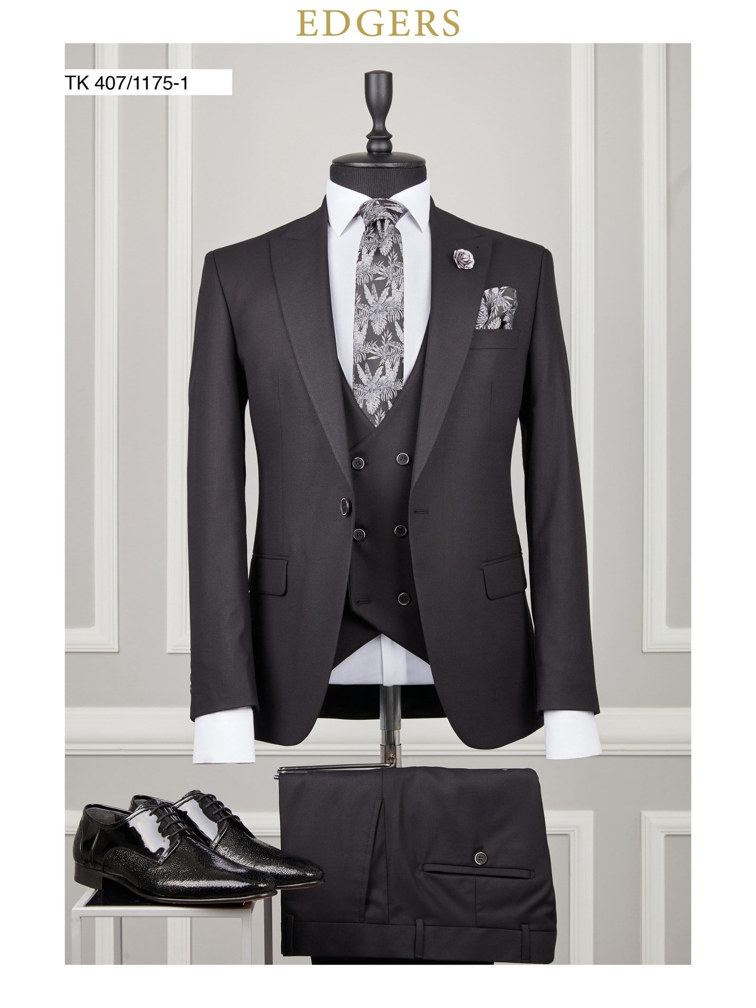 Edgers Tek Düğme Yelekli Black Slim Fit Takım Elbise TK 407-1175