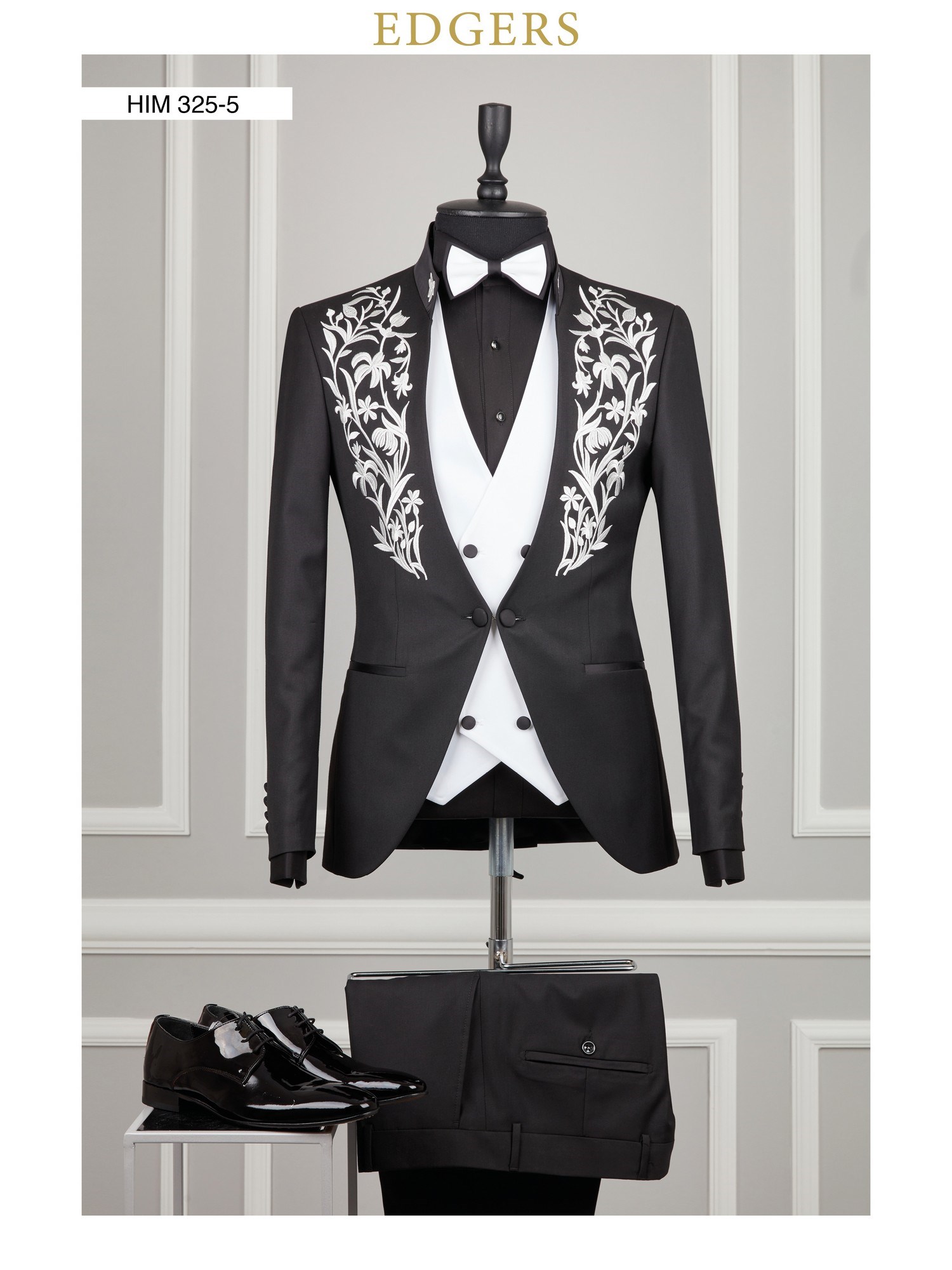 Edgers Tek Düğme Yelekli Black White Slim Fit Damatlık Takım HİM 325