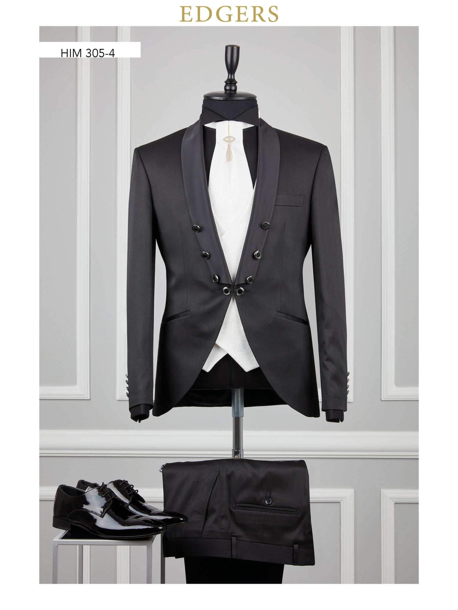 Edgers Tek Düğme Yelekli Black White Slim Fit Damatlık Takım HİM 305