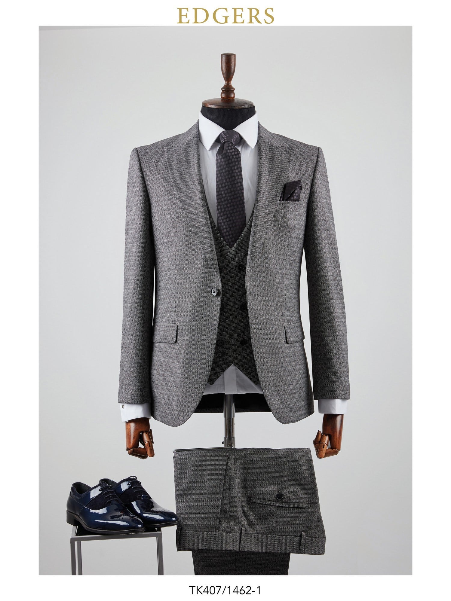 Edgers Tek Düğme Yelekli Grey Slim Fit Takım Elbise TK 407-1462