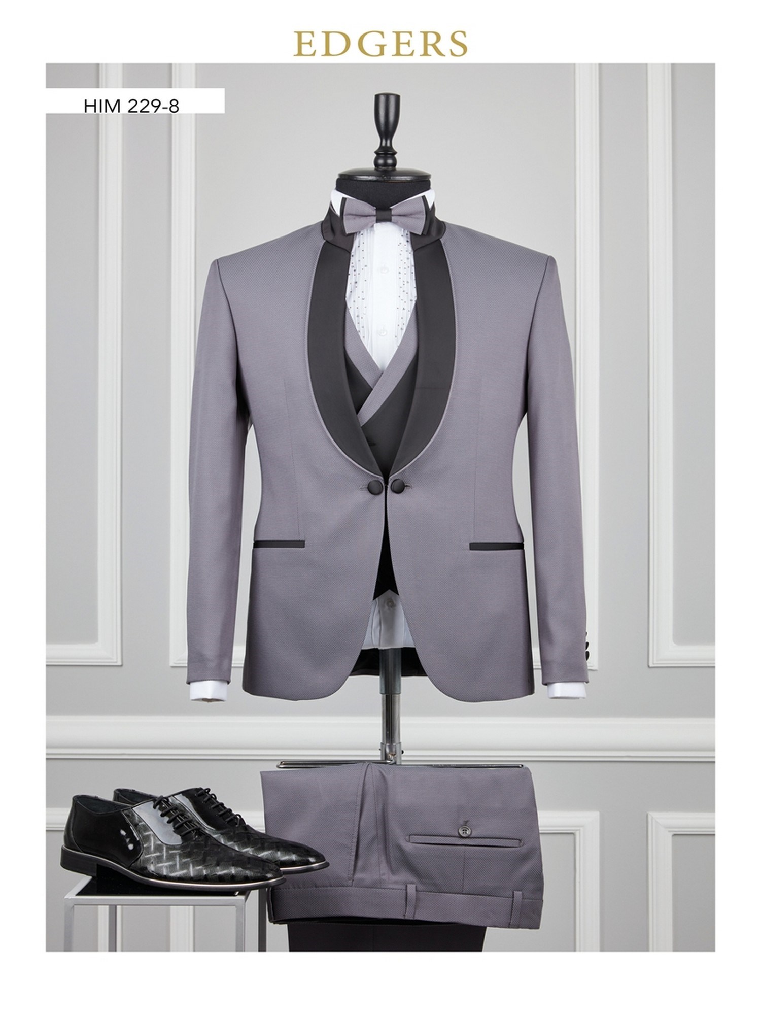 Edgers Tek Düğme Yelekli Grey Slim Fit Damatlık Takım HİM 229