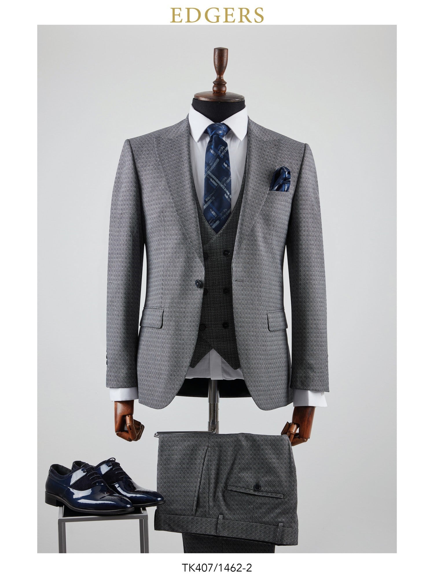 Edgers Tek Düğme Yelekli Light Grey Slim Fit Takım Elbise TK 407-1462