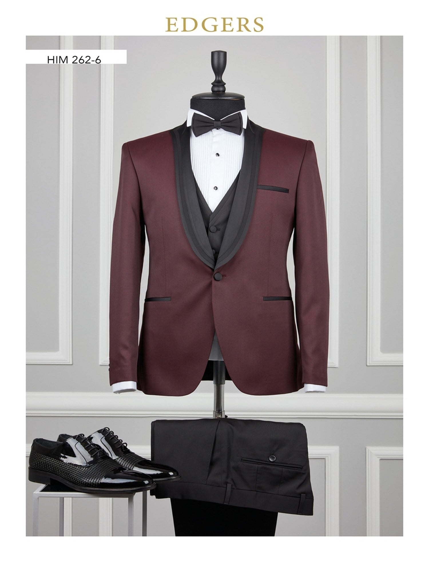 Edgers Tek Düğme Yelekli Maroon Black Striped Slim Fit Damatlık Takım HİM 262