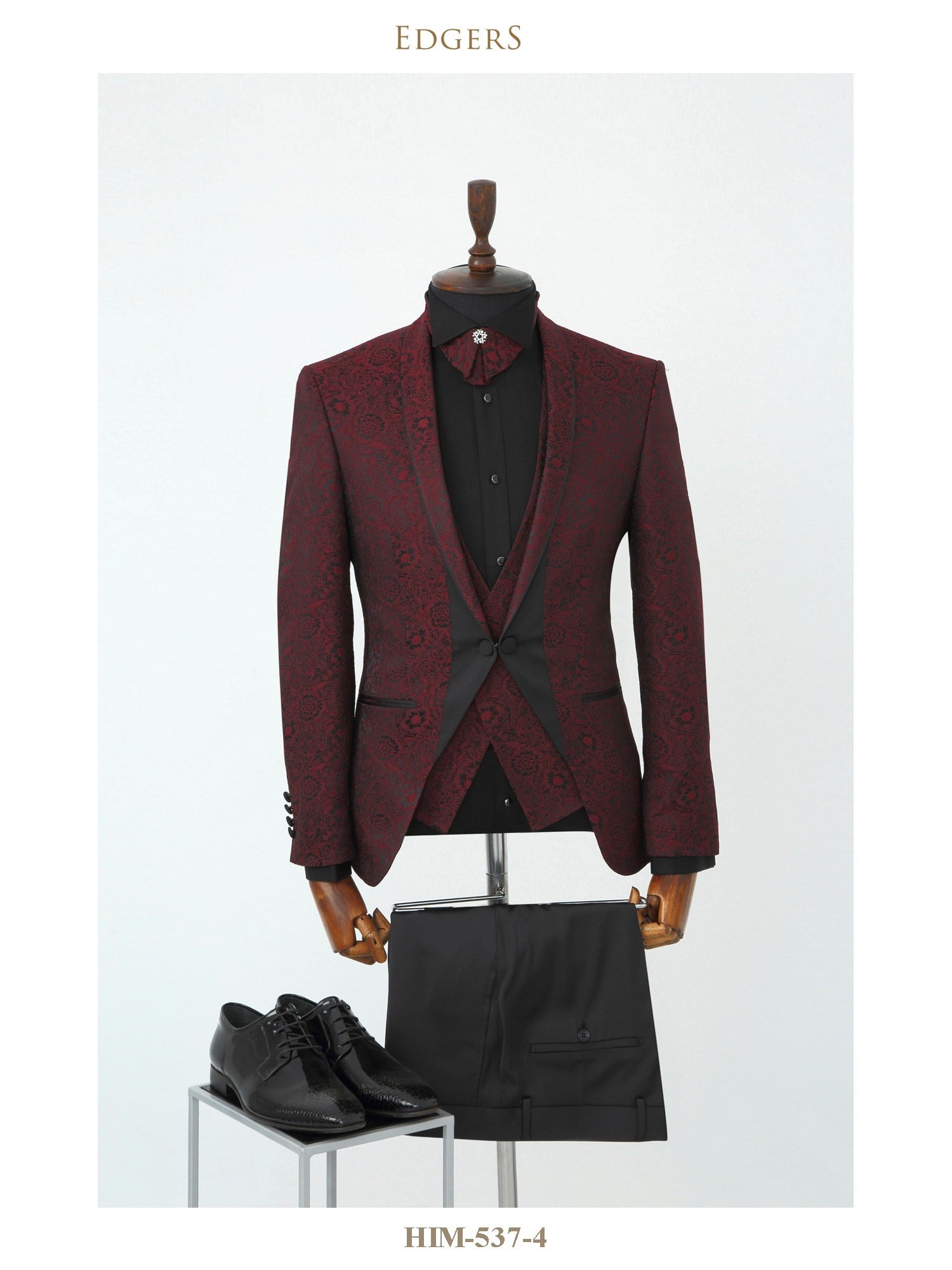 Edgers Tek Düğme Yelekli Maroon Patterned Slim Fit Damatlık Takım HİM 537