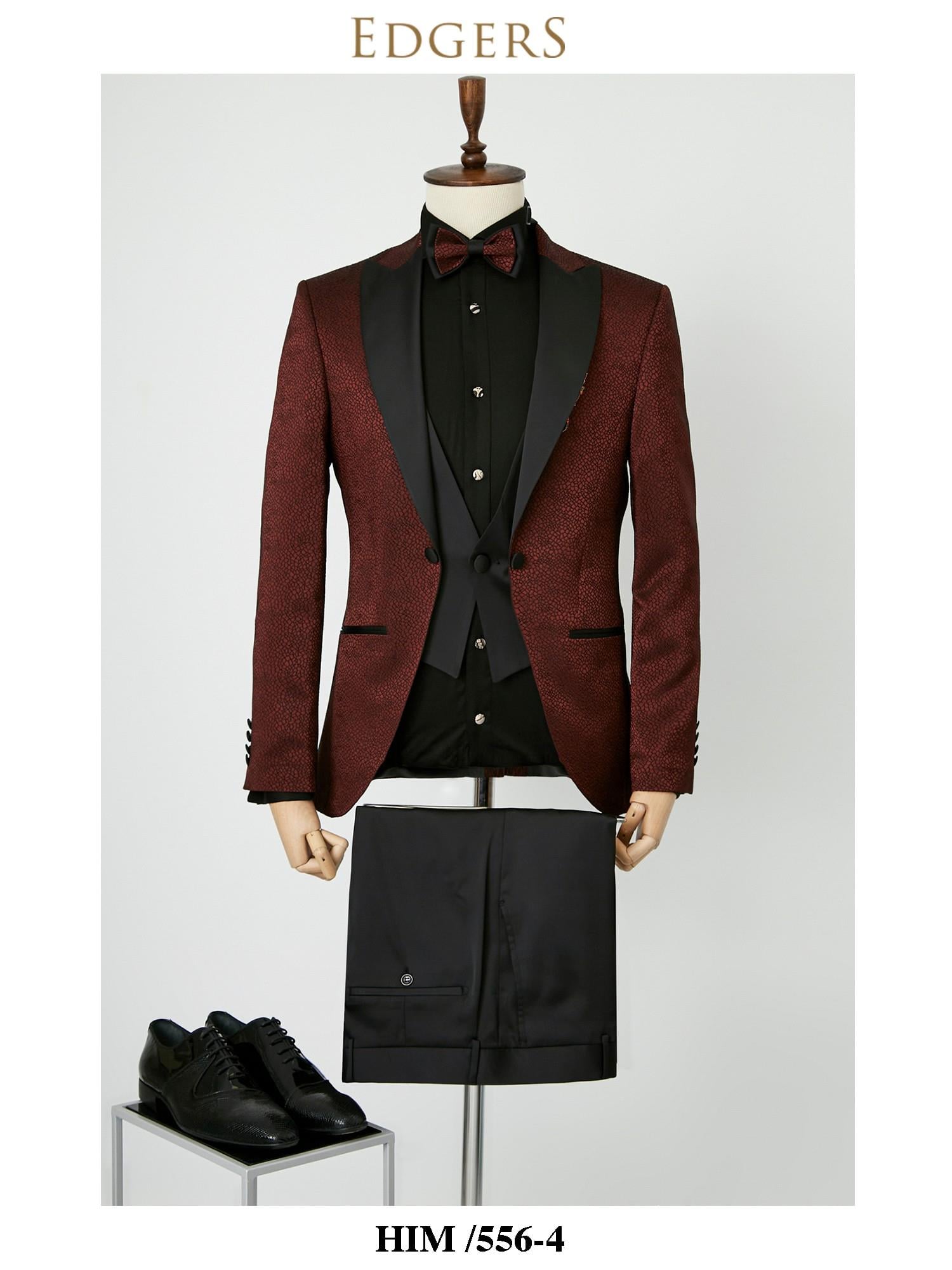 Edgers Tek Düğme Yelekli Maroon Patterned Slim Fit Damatlık Takım HİM 556