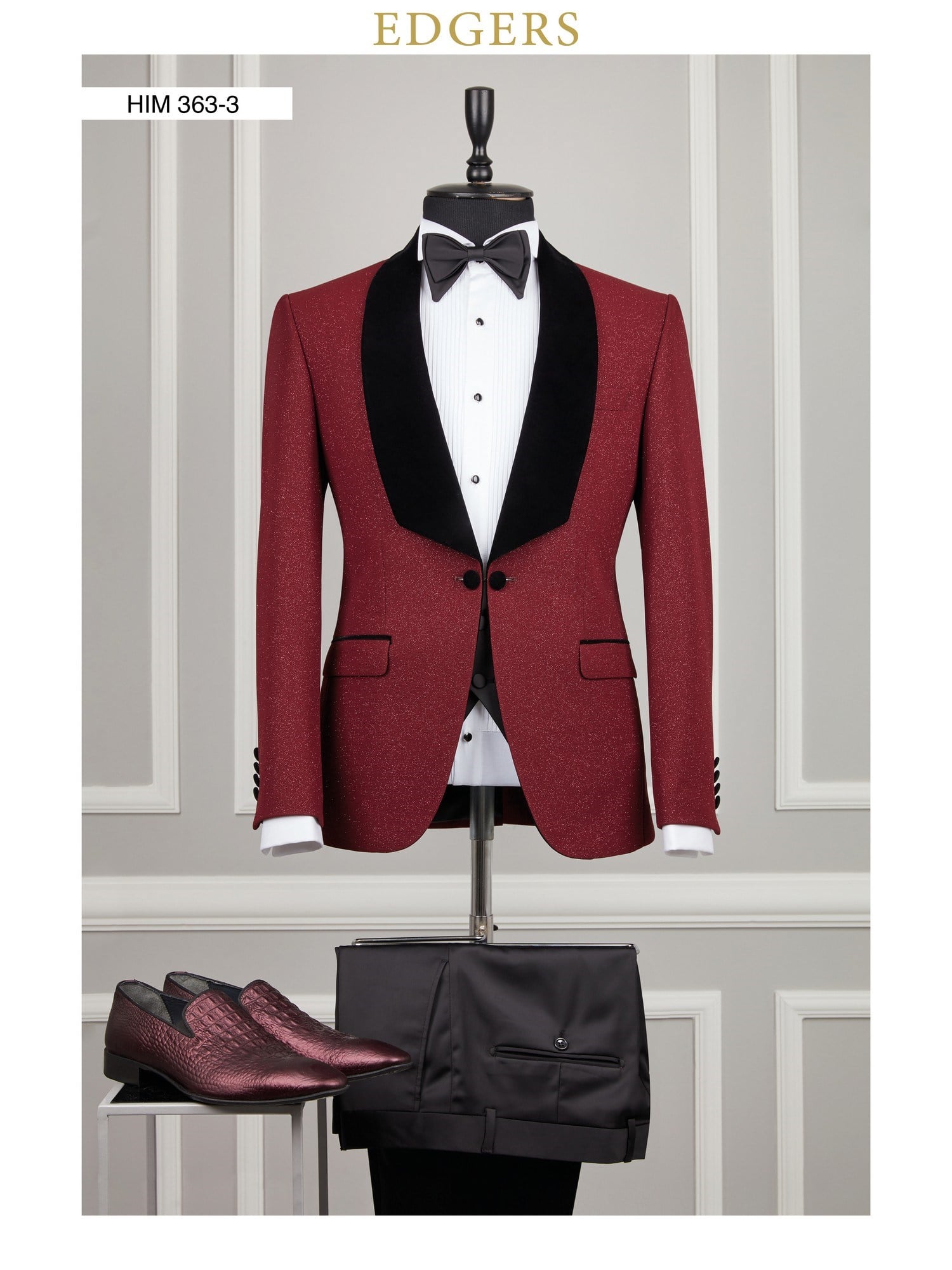 Edgers Tek Düğme Yelekli Maroon Silvery Slim Fit Damatlık Takım HİM 363