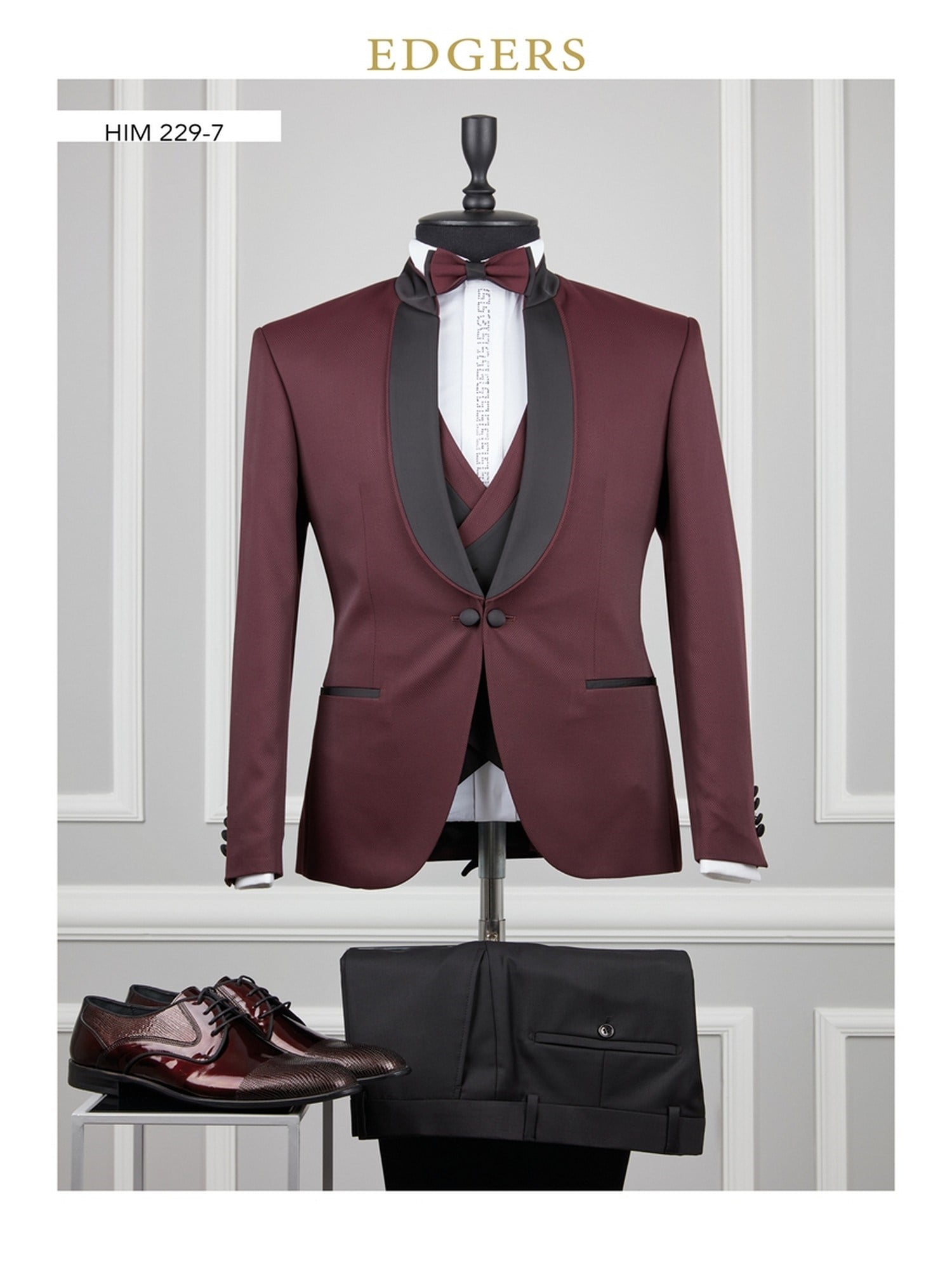 Edgers Tek Düğme Yelekli Maroon Slim Fit Damatlık Takım HİM 229