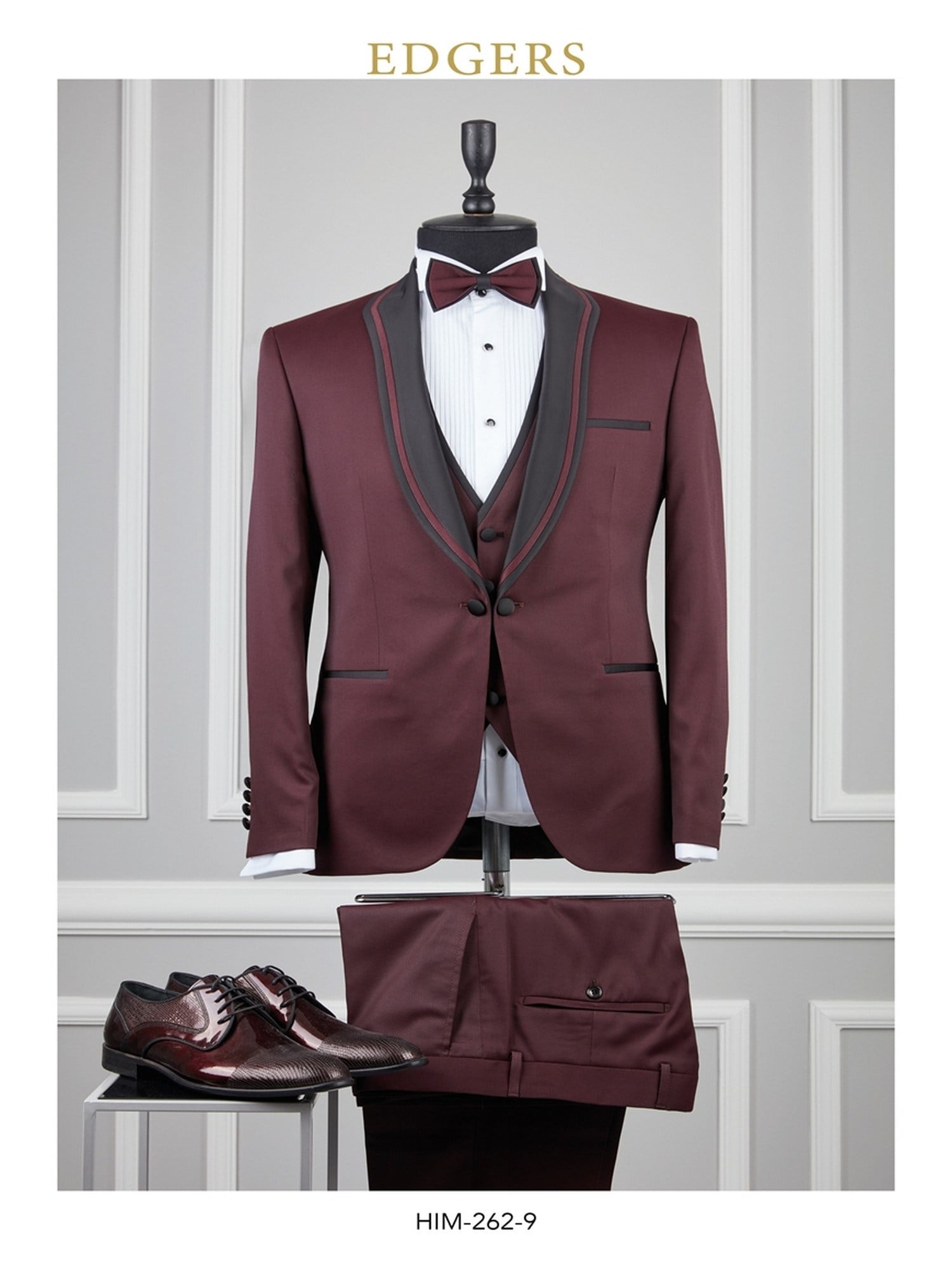 Edgers Tek Düğme Yelekli Maroon Slim Fit Damatlık Takım HİM 262