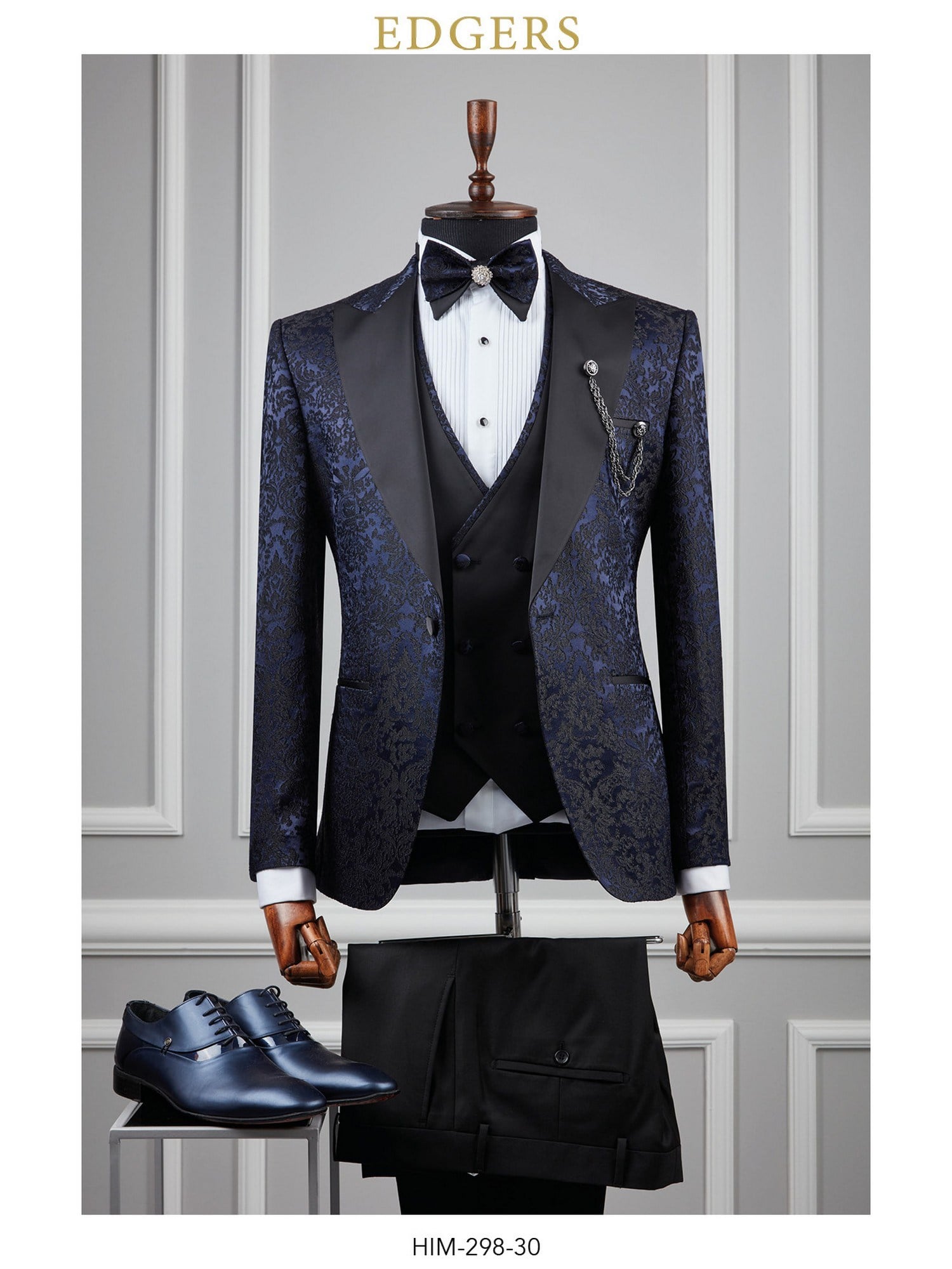 Edgers Tek Düğme Yelekli Navy Blue Patterned Slim Fit Damatlık Takım HİM 298