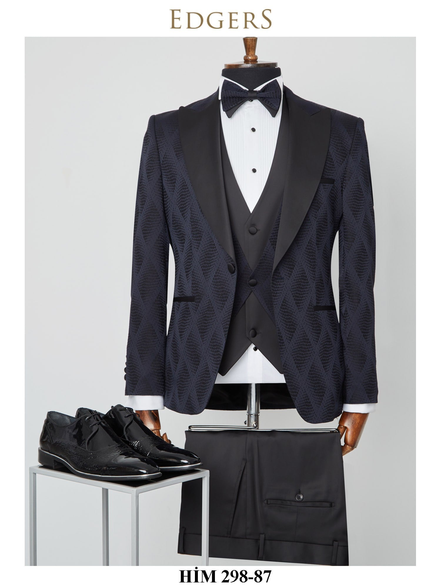 Edgers Tek Düğme Yelekli Navy Blue Slim Fit Damatlık Takım HİM 298