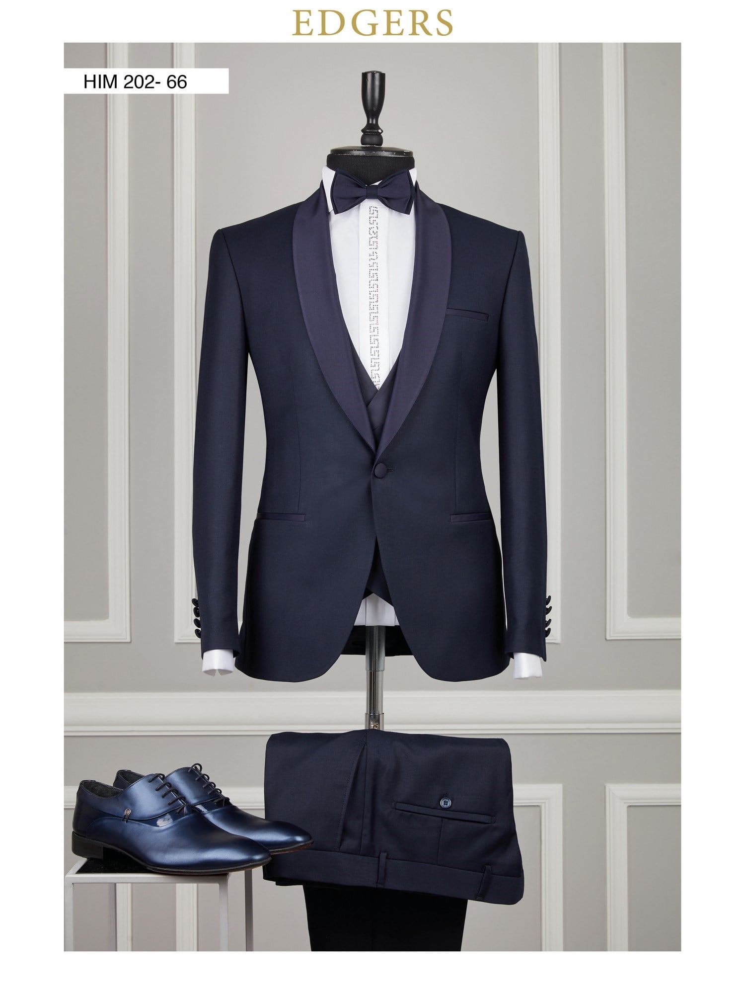 Edgers Tek Düğme Yelekli Navy Blue Slim Fit Damatlık Takım HİM 202