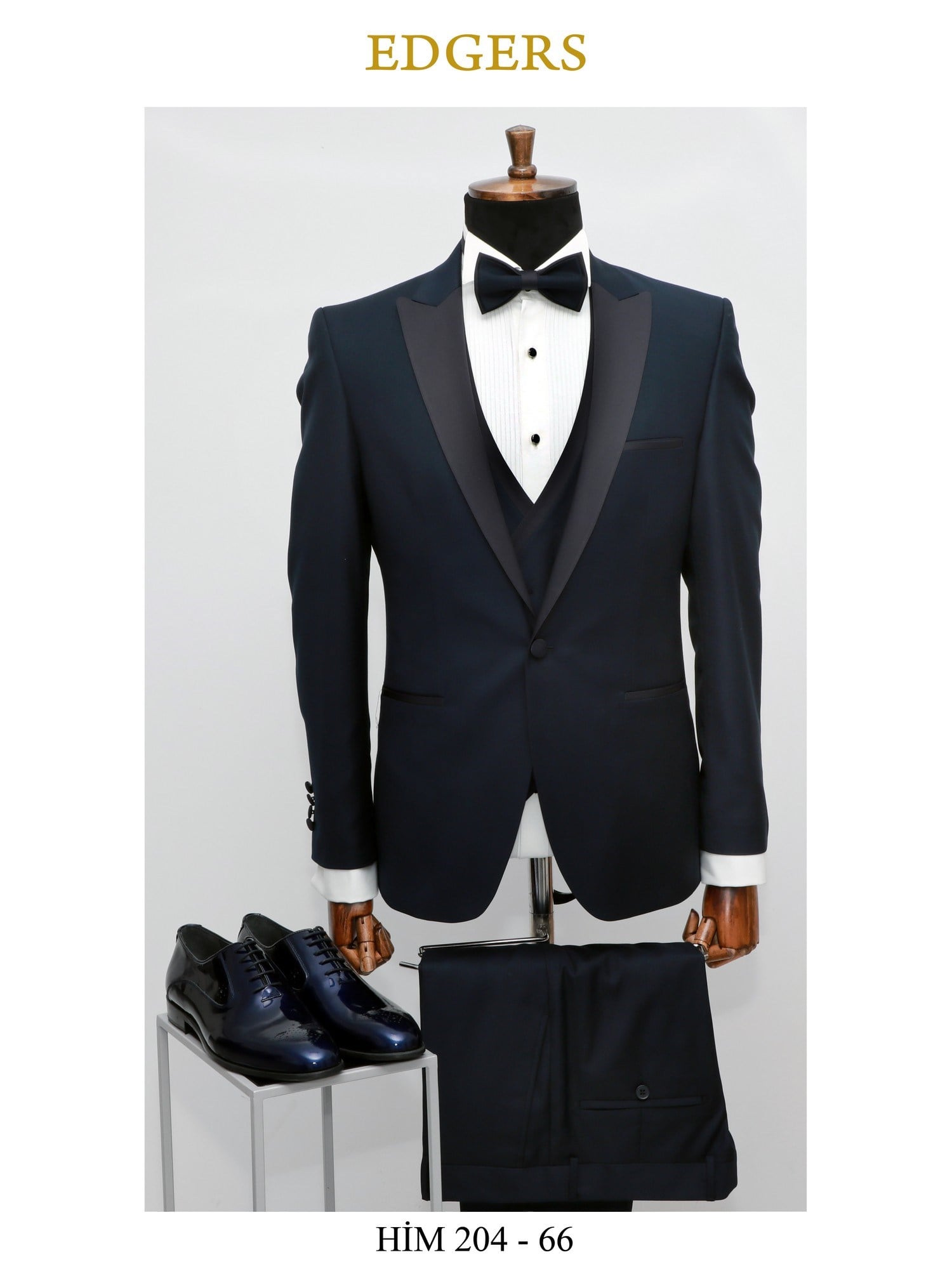 Edgers Tek Düğme Yelekli Navy Blue Slim Fit Damatlık Takım HİM 204