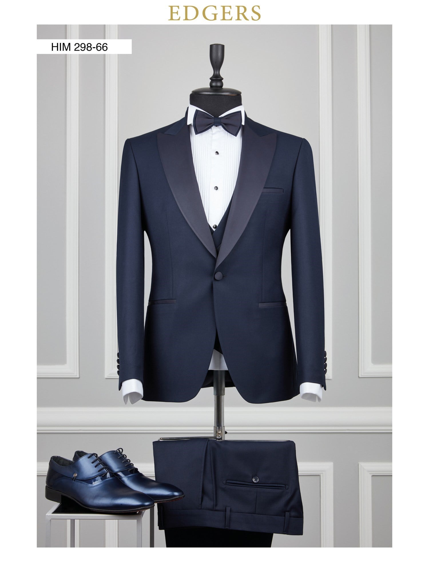 Edgers Tek Düğme Yelekli Navy Blue Slim Fit Damatlık Takım HİM 298