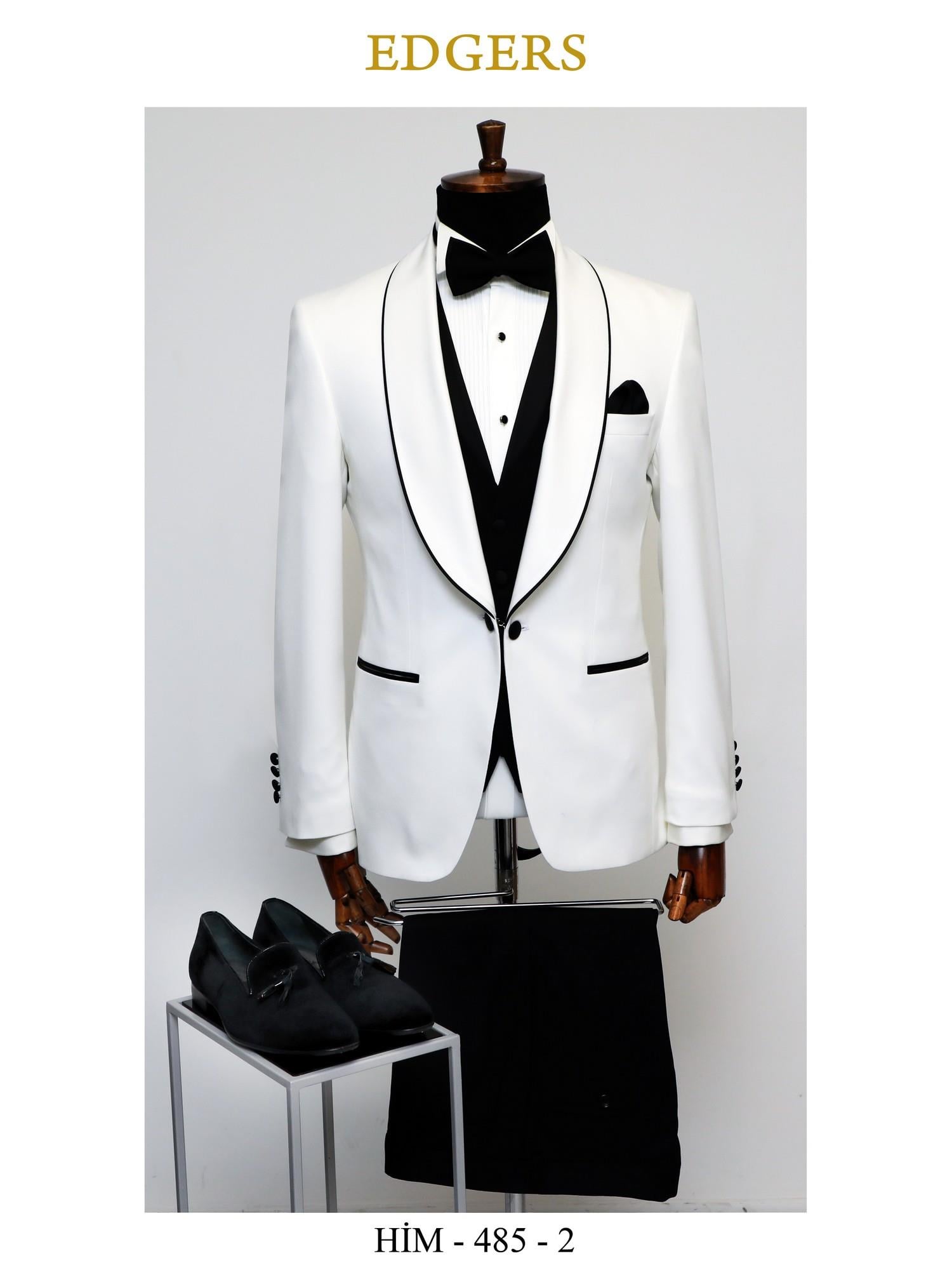 Edgers Tek Düğme Yelekli White Slim Fit Damatlık Takım HİM 485