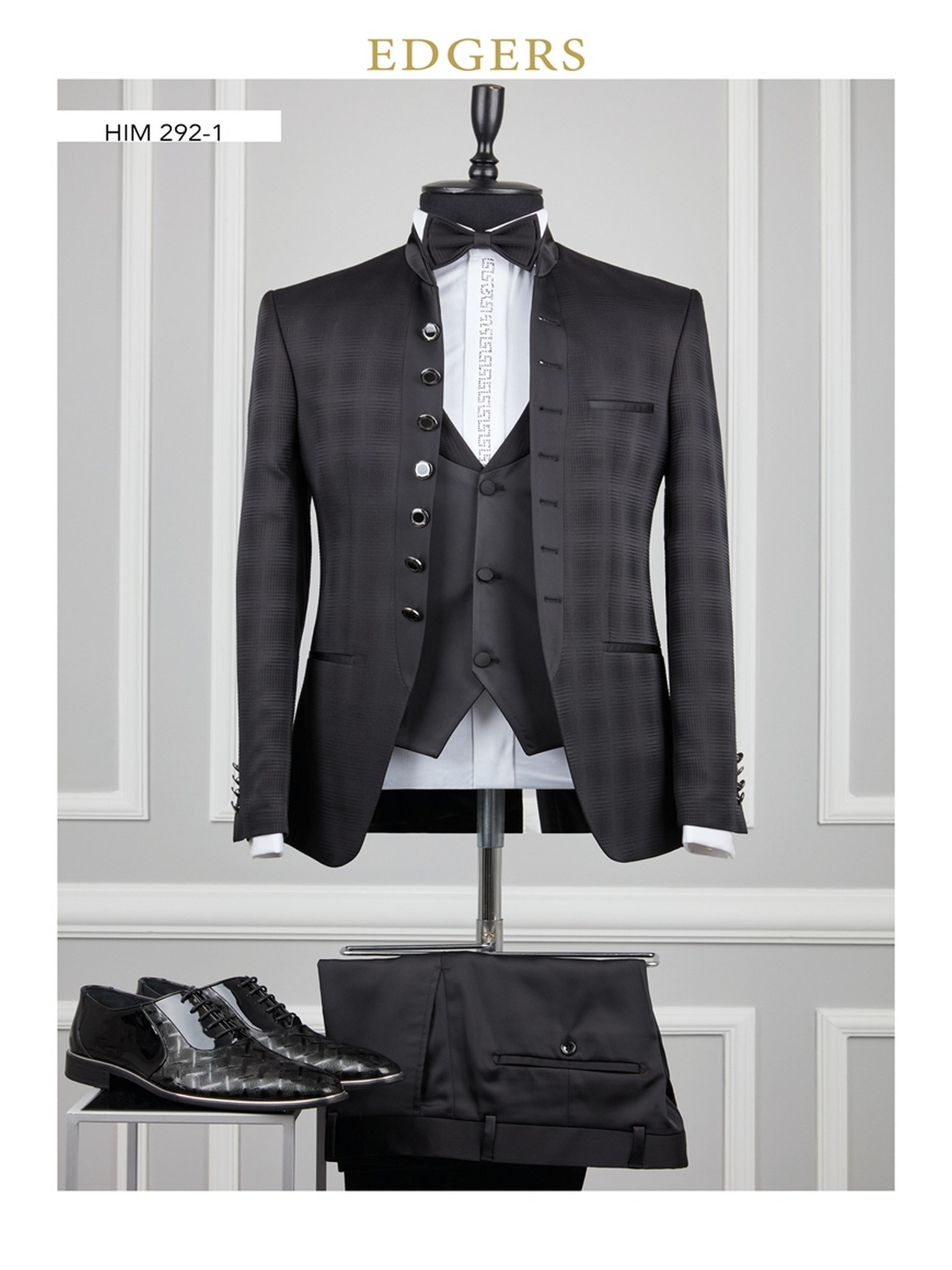 Edgers Yedi Düğme Yelekli Black Slim Fit Damatlık Takım HİM 292
