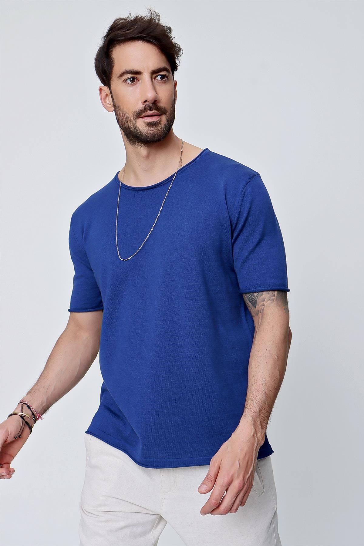 Chuba Erkek Bisiklet Yaka Geniş Kalıp Pamuklu İnce Triko T-Shirt Navy 22SM210