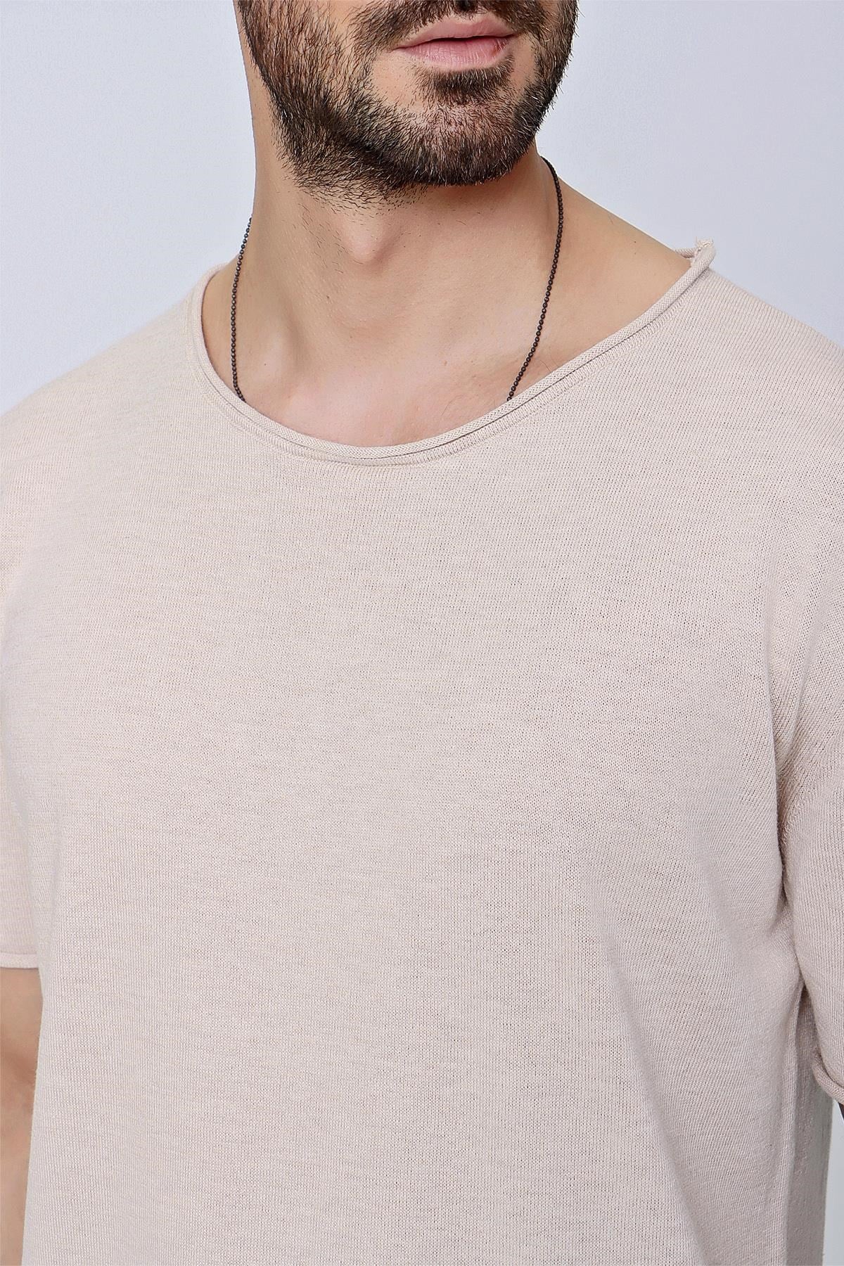 Chuba Erkek Bisiklet Yaka Geniş Kalıp Pamuklu İnce Triko T-Shirt Bej  22SM210