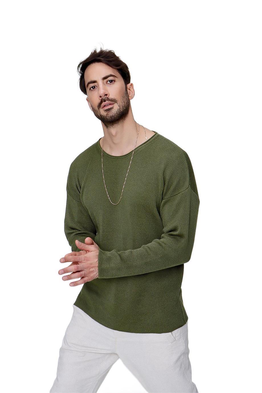 Chuba Erkek Bisiklet Yaka Pamuklu Salaş Triko Kazak Haki  22SM213