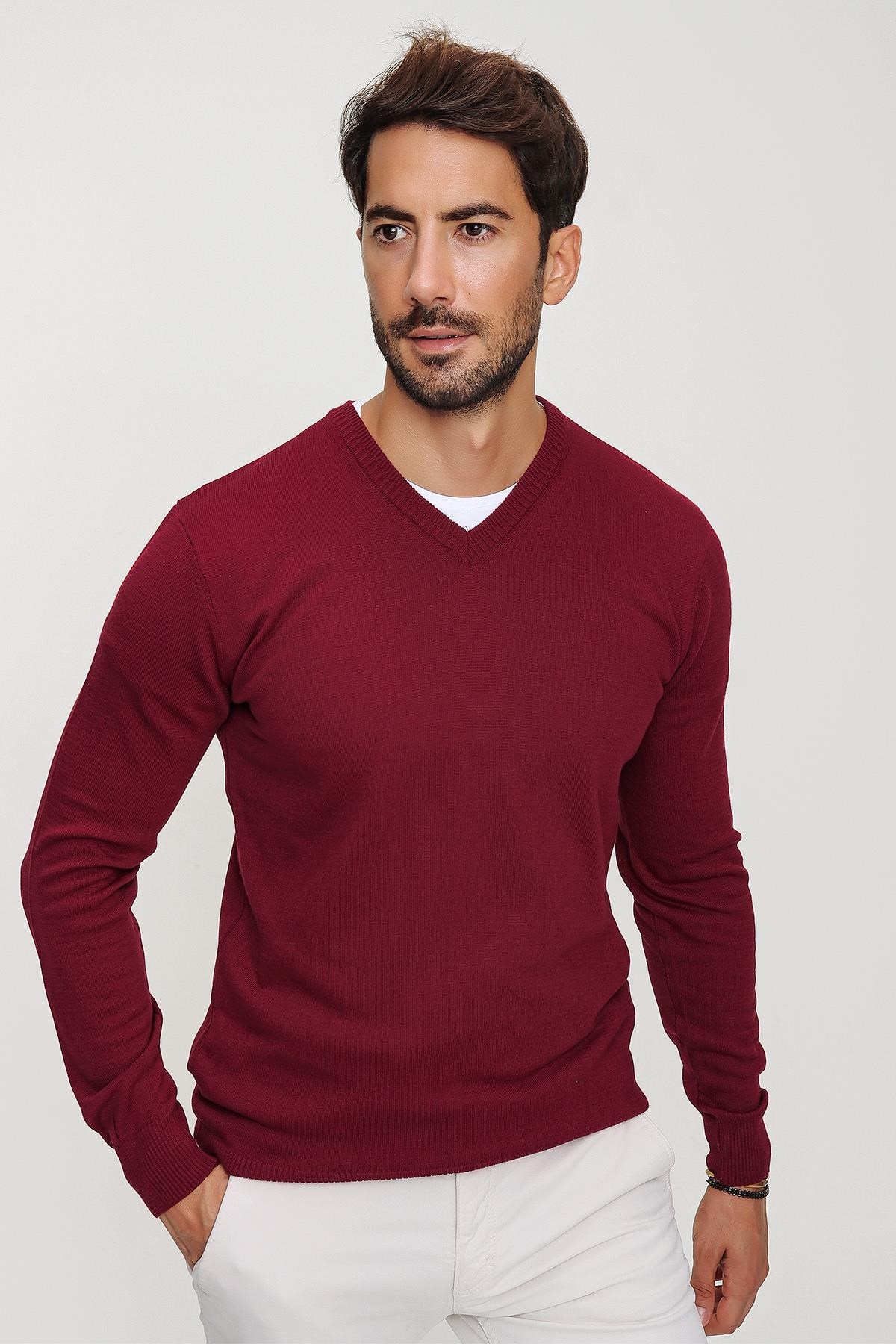 Chuba Erkek Bordo V Yaka Triko Kazak 20W151