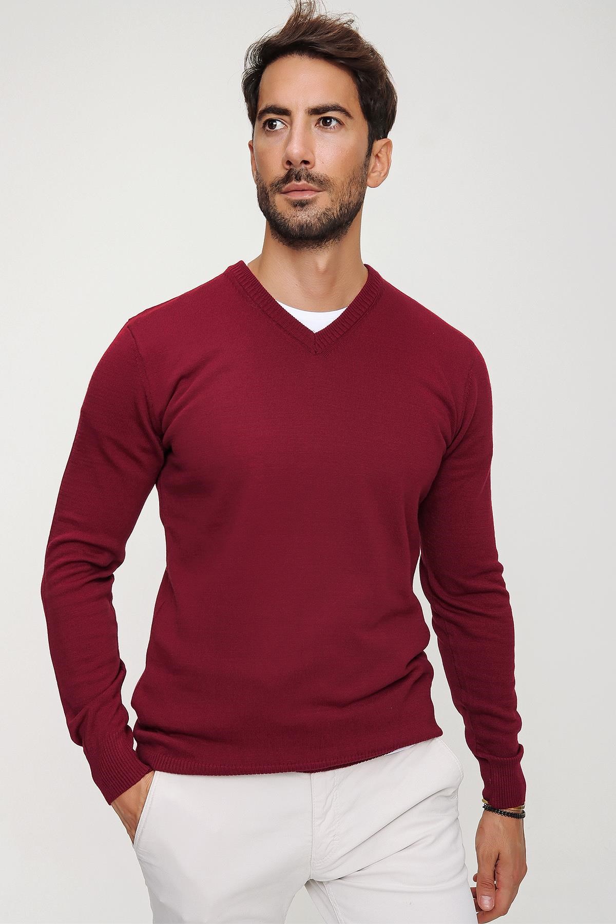 Chuba Erkek Bordo V Yaka Triko Kazak 20W151