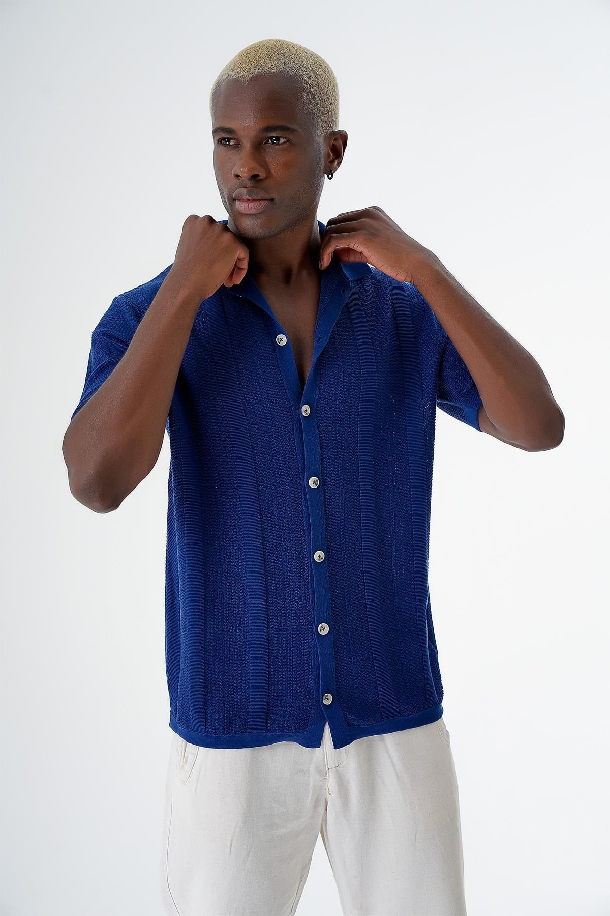 Chuba Erkek Desenli Kısa Kollu Regular Fit Triko Gömlek Navy 24S267