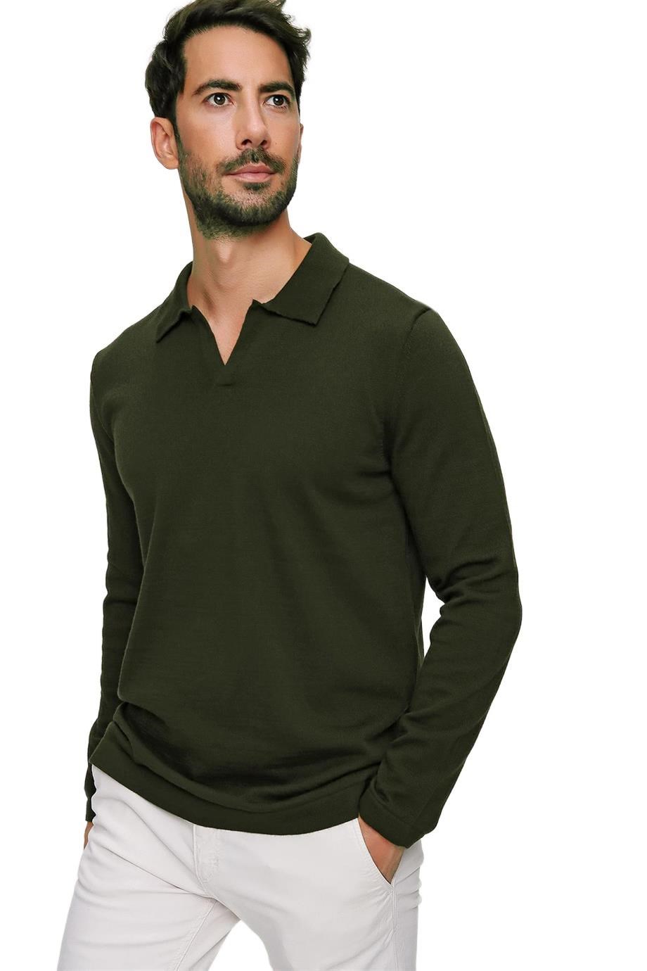 Chuba Erkek Haki Reddington Polo Yaka Uzun Kollu İnce Triko Kazak 22W403