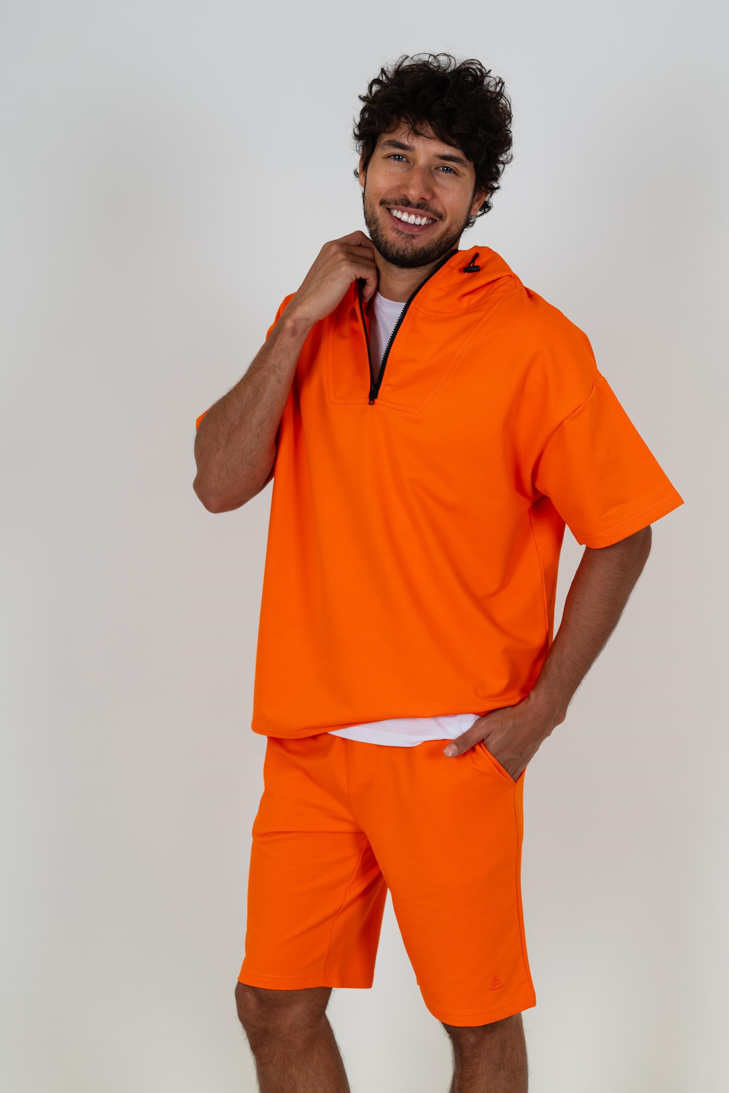 Chuba Erkek Kapüşonlu Yarım Fermuarlı Kısa Kollu Rahat Kalıp Spor Sweatshirt Oranj 23S2024