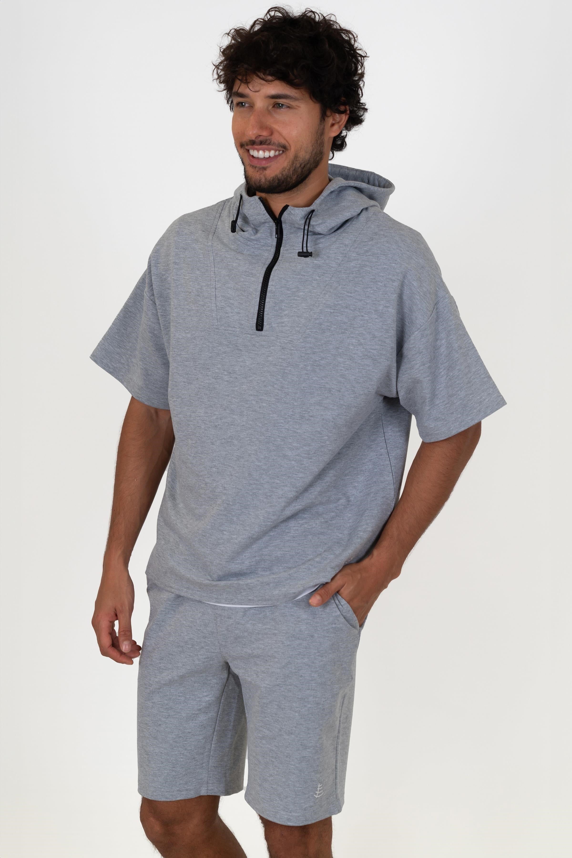 Chuba Erkek Kapüşonlu Yarım Fermuarlı Kısa Kollu Rahat Kalıp Spor Sweatshirt Gri 23S2024