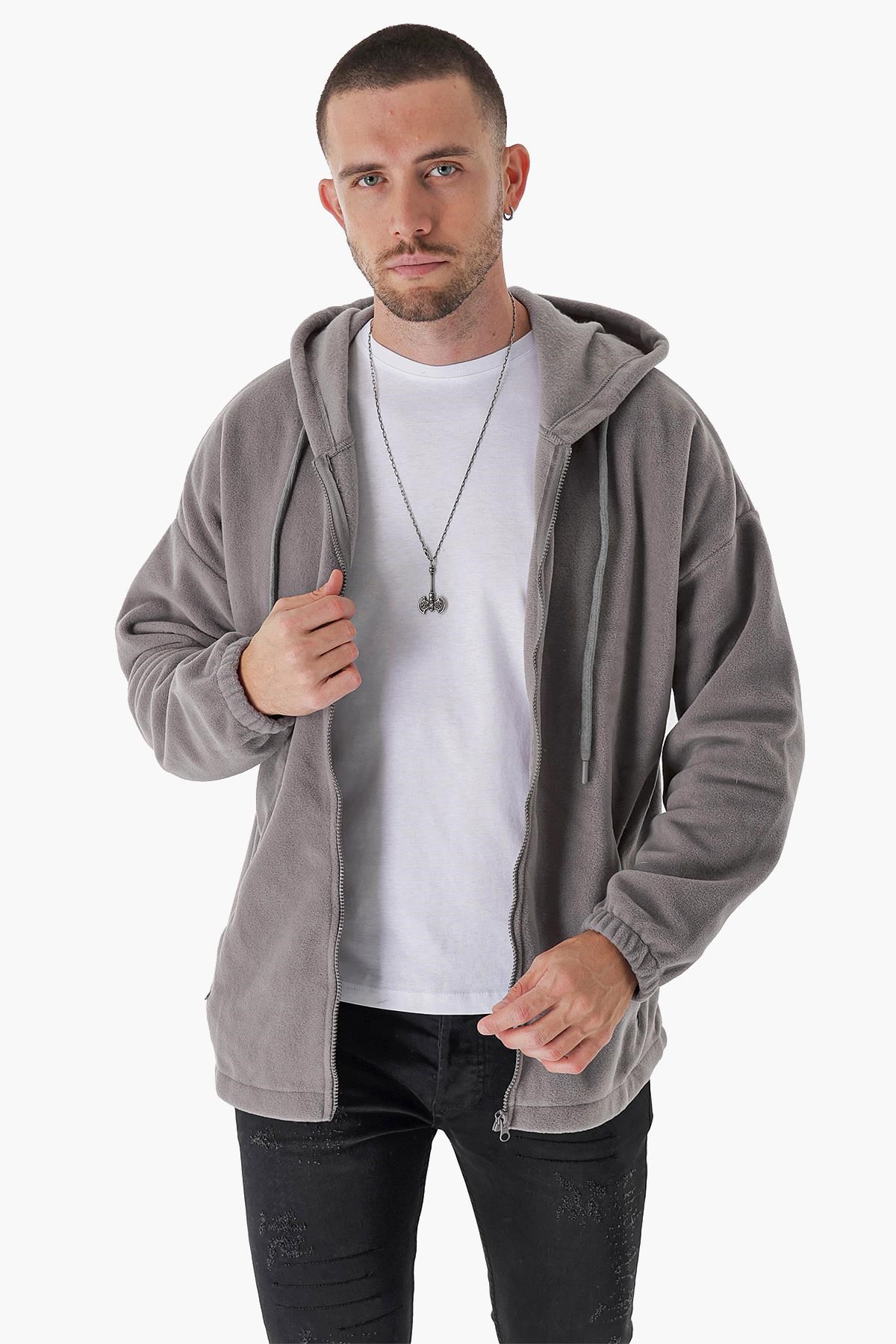 CHUBA Erkek Outdoor Oversize Kapüşonlu Fermuar Kapamalı Polar Hoddie Gri 23W106