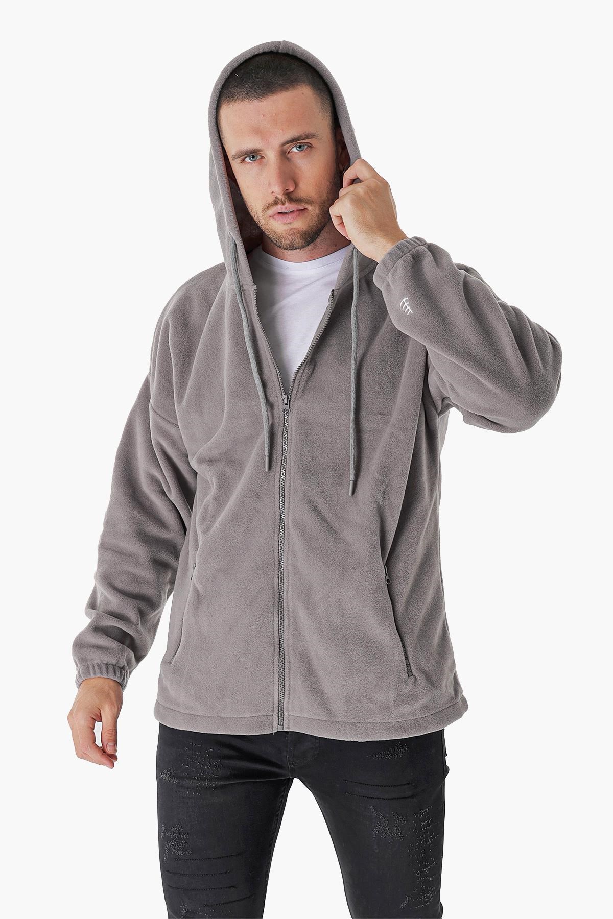 CHUBA Erkek Outdoor Oversize Kapüşonlu Fermuar Kapamalı Polar Hoddie Gri 23W106