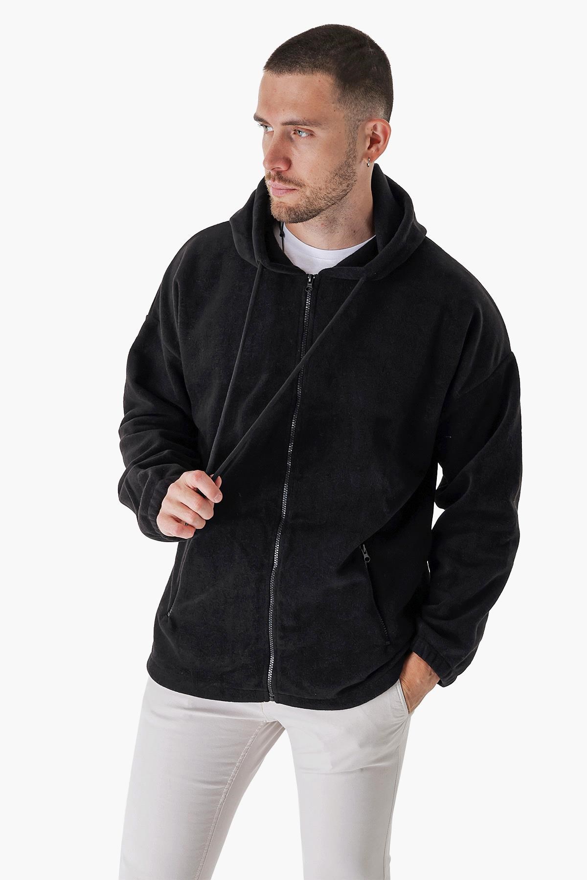 CHUBA Erkek Outdoor Oversize Kapüşonlu Fermuar Kapamalı Polar Hoddie Siyah 23W106