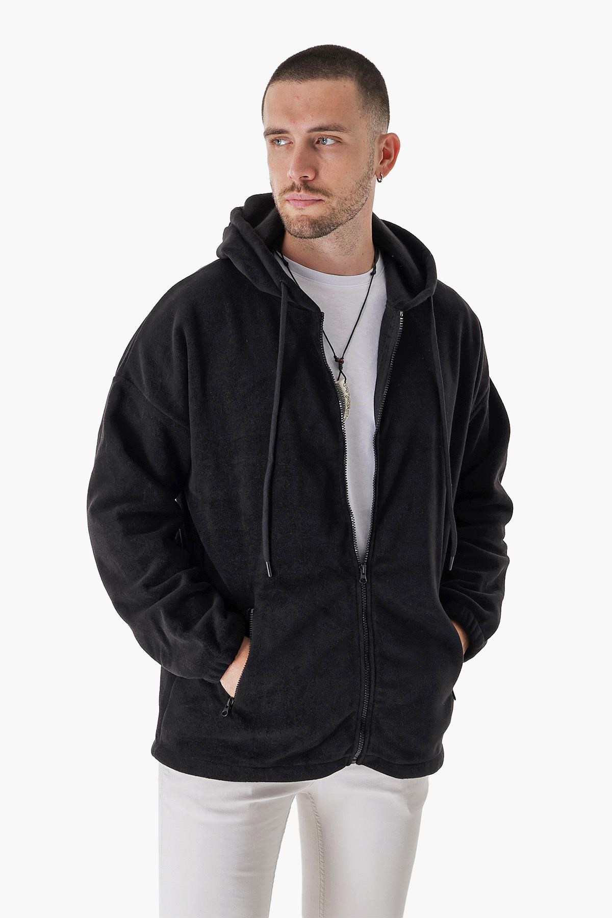 CHUBA Erkek Outdoor Oversize Kapüşonlu Fermuar Kapamalı Polar Hoddie Siyah 23W106