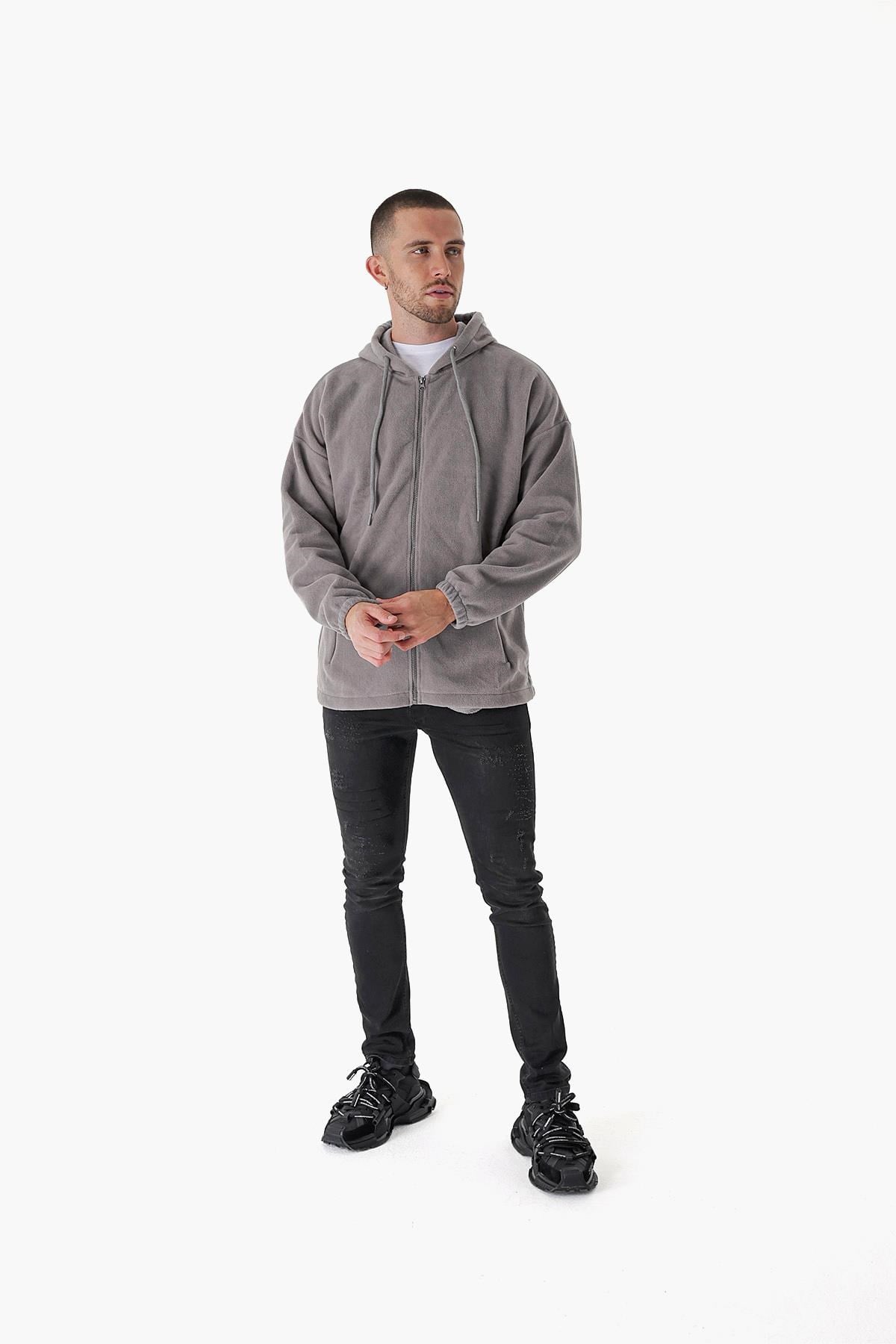 CHUBA Erkek Outdoor Oversize Kapüşonlu Fermuar Kapamalı Polar Hoddie Gri 23W106