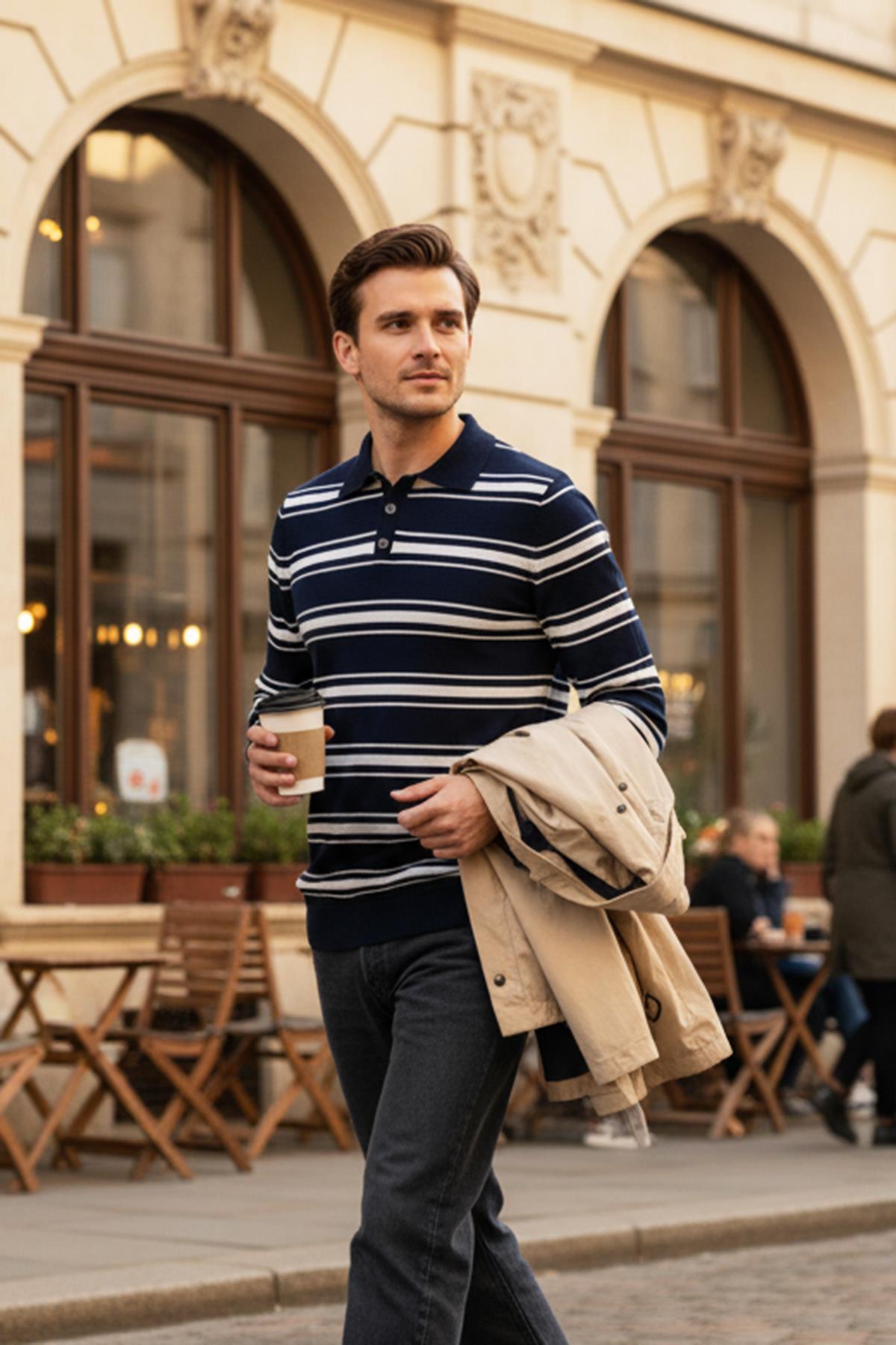 Chuba Erkek Polo Yaka Düğmeli Çizgili Triko Kazak Lacivert-Beyaz 26W2015