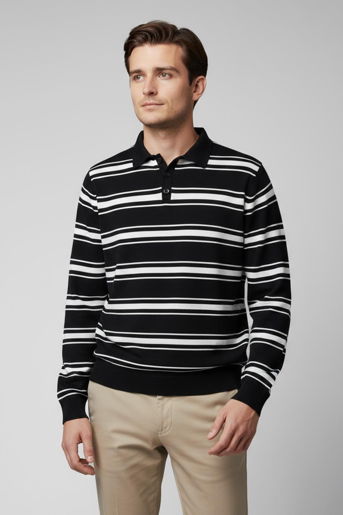 Chuba Erkek Polo Yaka Düğmeli Çizgili Triko Kazak Siyah-Beyaz 26W2015