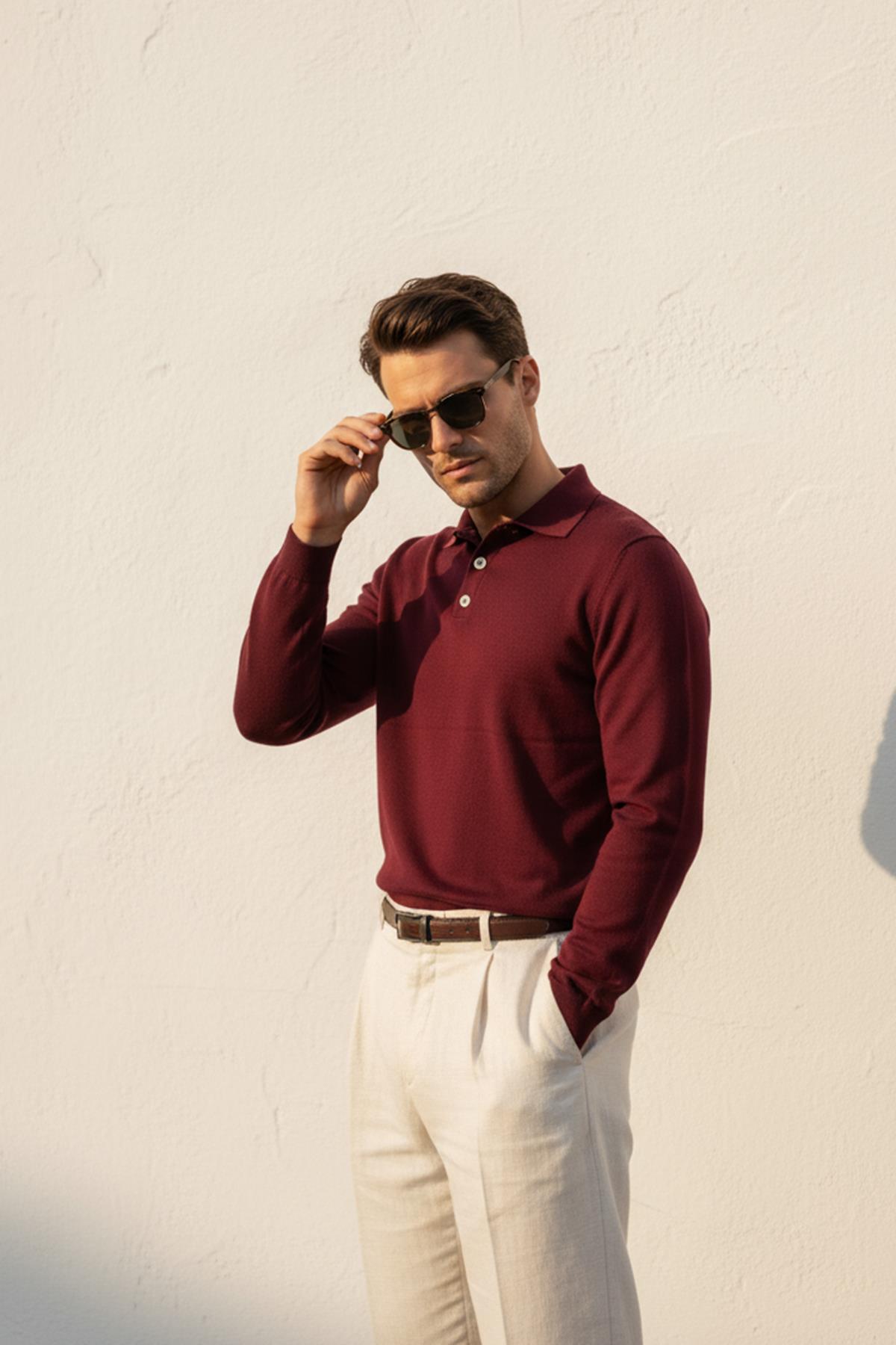 Chuba Erkek Polo Yaka Düğmeli Triko Kazak Bordo 26W2012