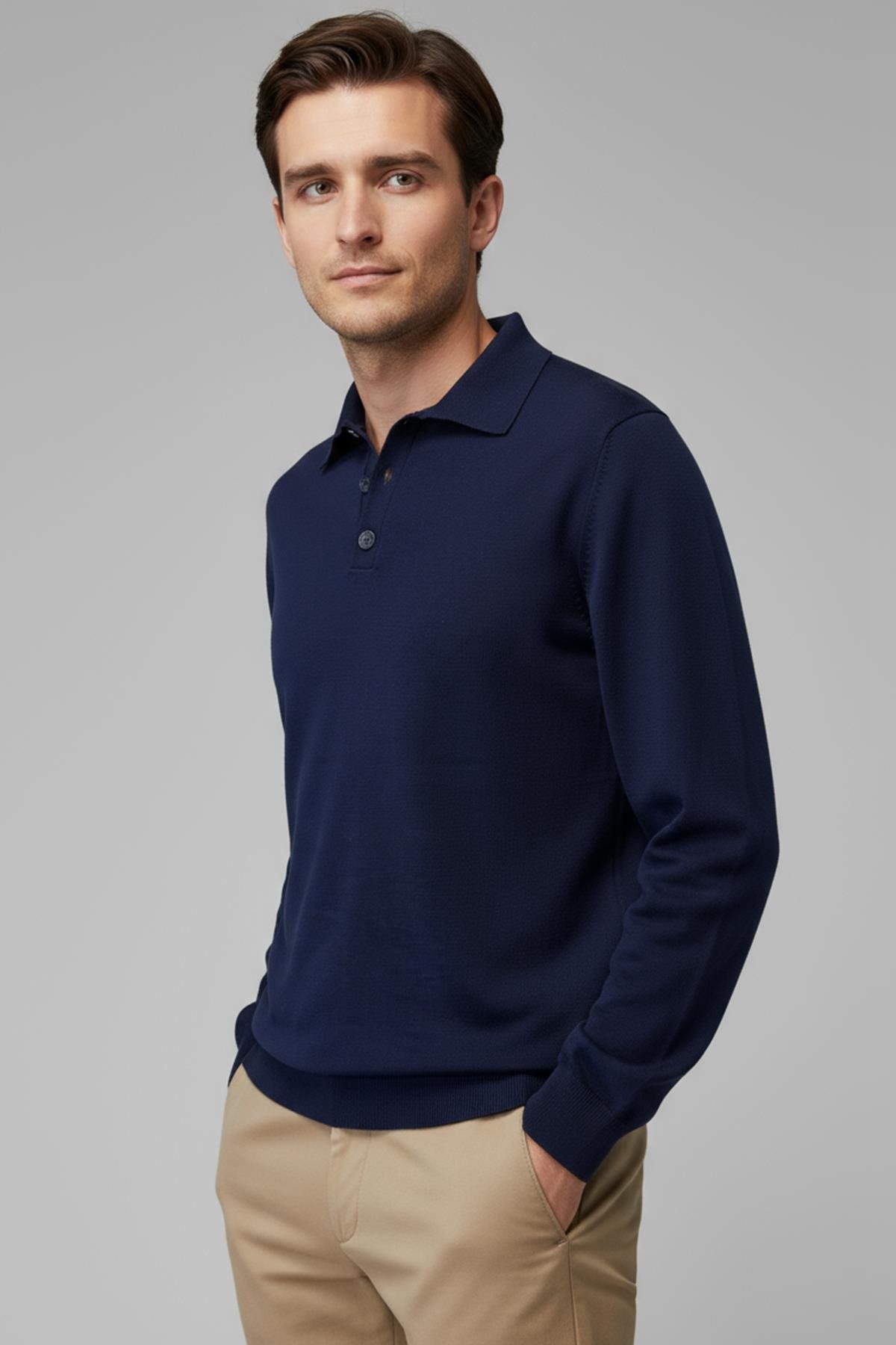 Chuba Erkek Polo Yaka Düğmeli Triko Kazak Lacivert 26W2012