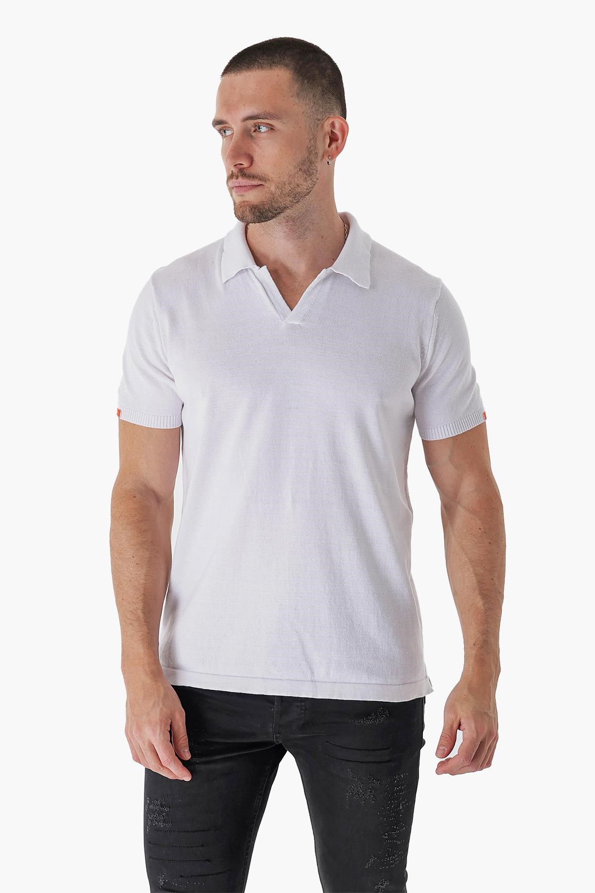 Chuba Erkek Polo Yaka Kontrast Çizgi Detaylı Pamuklu İnce Triko T-Shirt Beyaz  22SM209