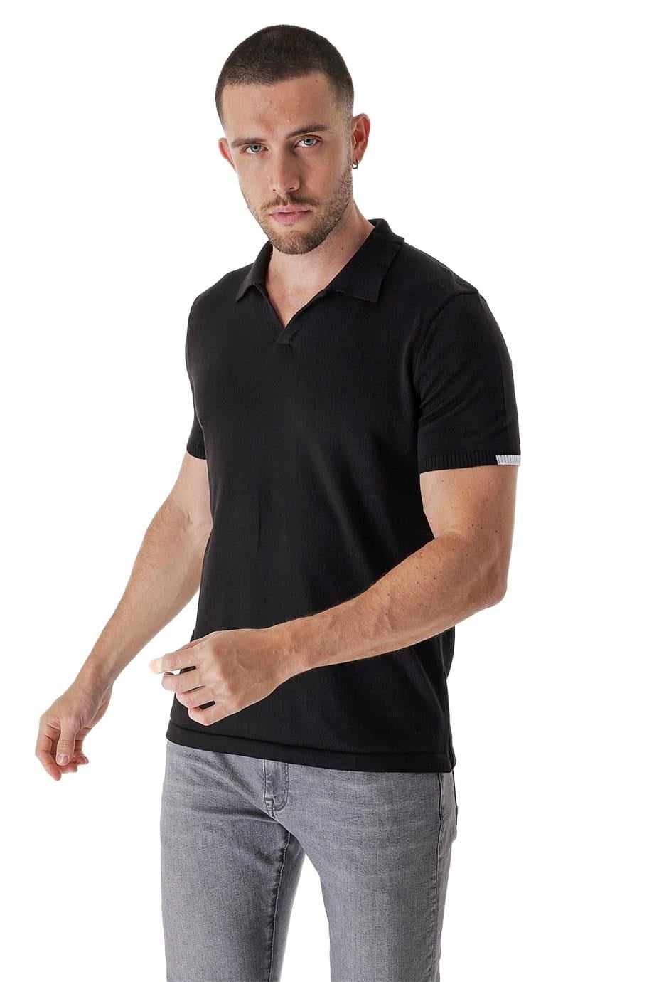 Chuba Erkek Polo Yaka Kontrast Çizgi Detaylı Pamuklu İnce Triko T-Shirt Siyah  22SM209