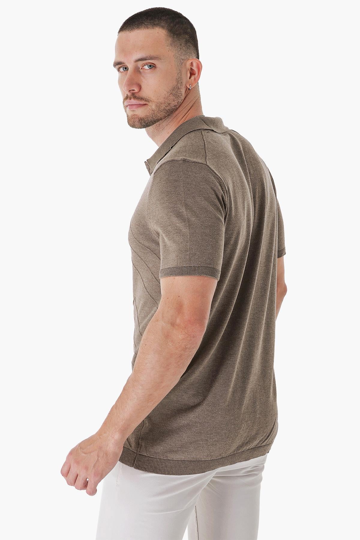 Chuba Erkek Polo Yaka Örgü Detaylı Pamuklu İnce Spor Triko T-Shirt Vizon 23S2010