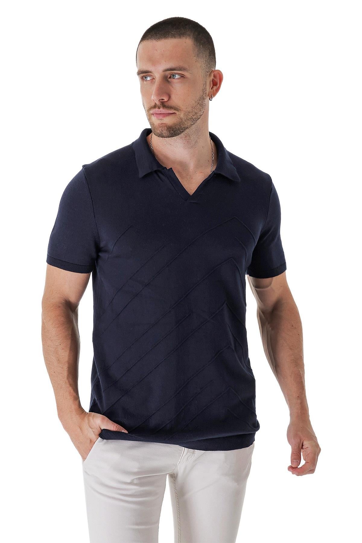 Chuba Erkek Polo Yaka Örgü Detaylı Pamuklu İnce Spor Triko T-Shirt Lacivert 23S2010