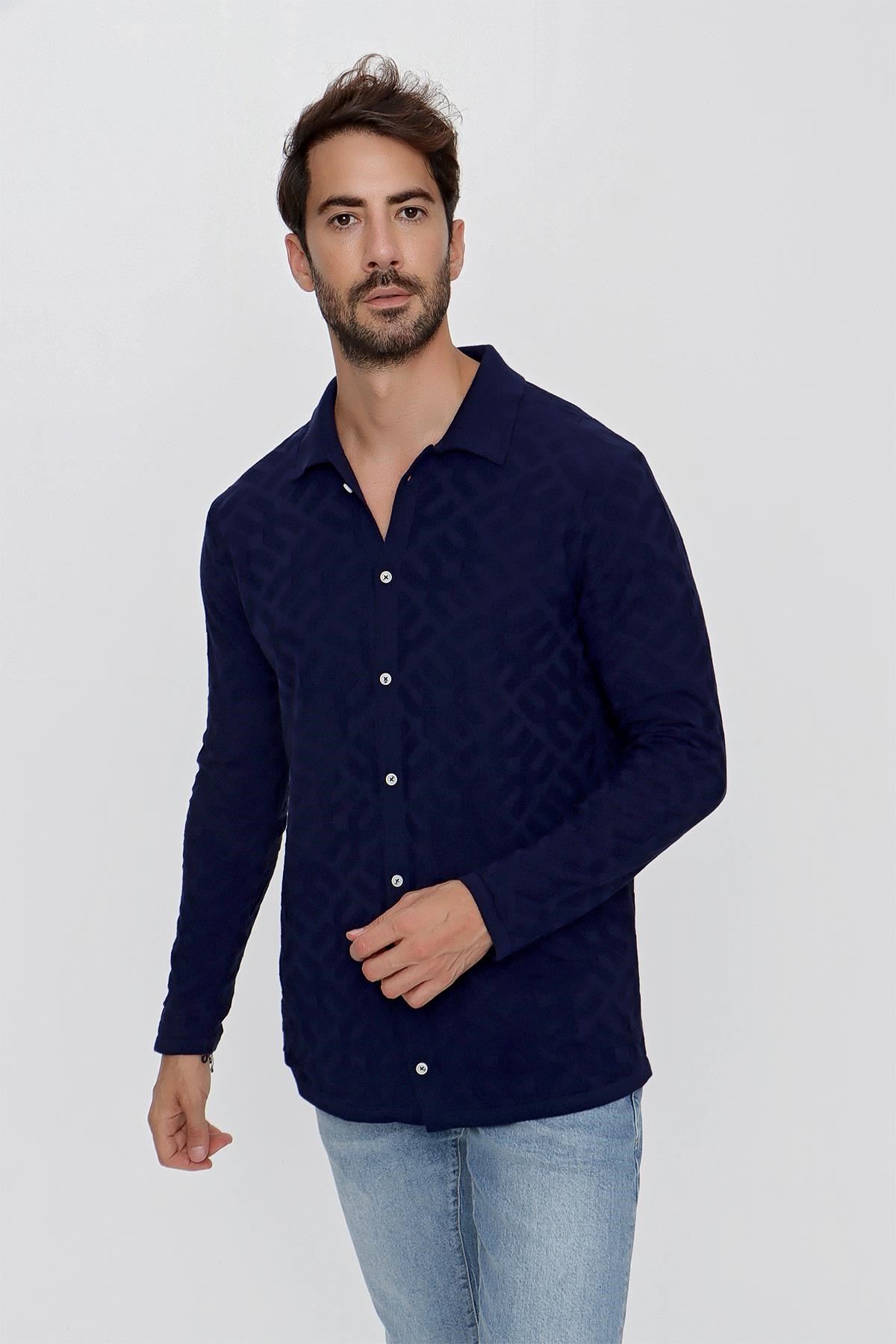 CHUBA Erkek Regular Fit Desenli Uzun Kollu Triko Gömlek Lacivert 23W211