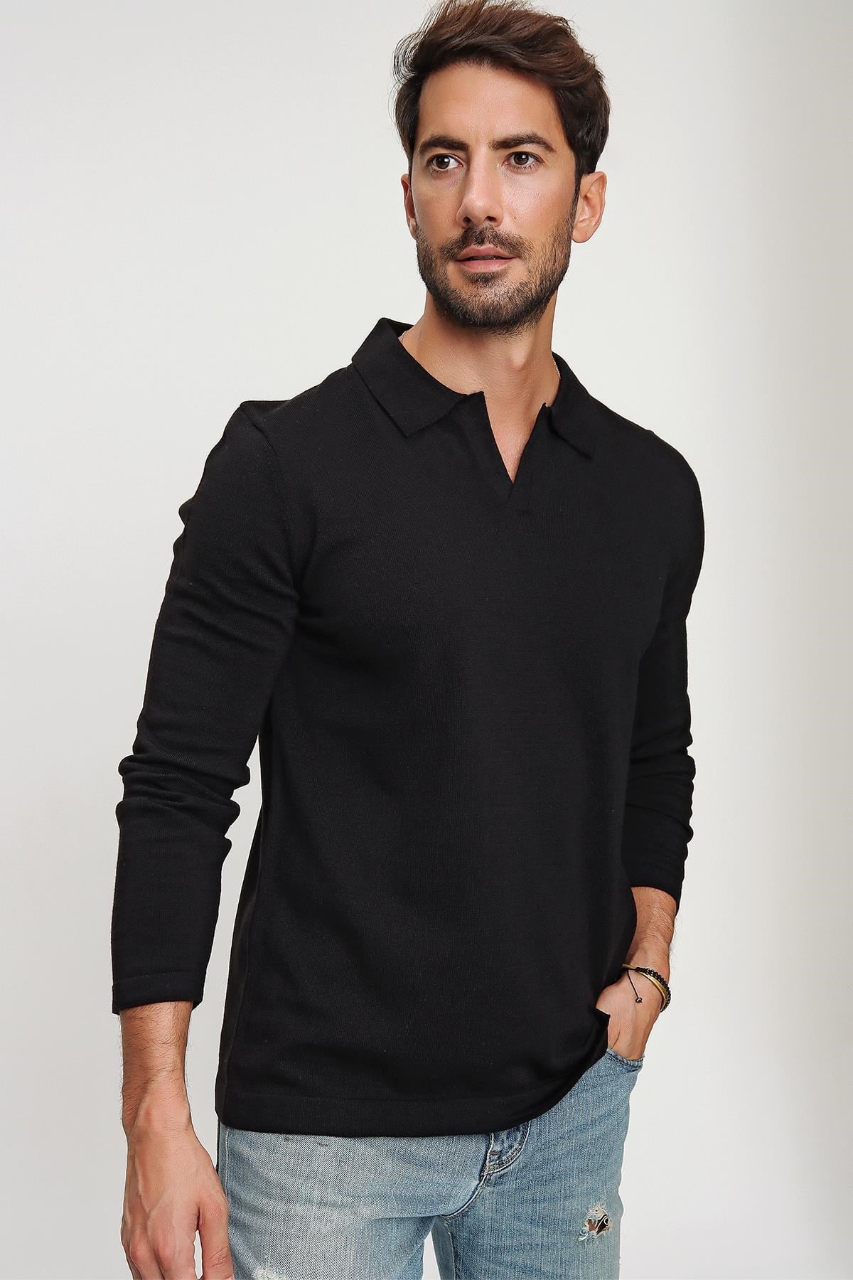 Chuba Erkek Siyah Reddington Polo Yaka Uzun Kollu İnce Triko Kazak 22W403