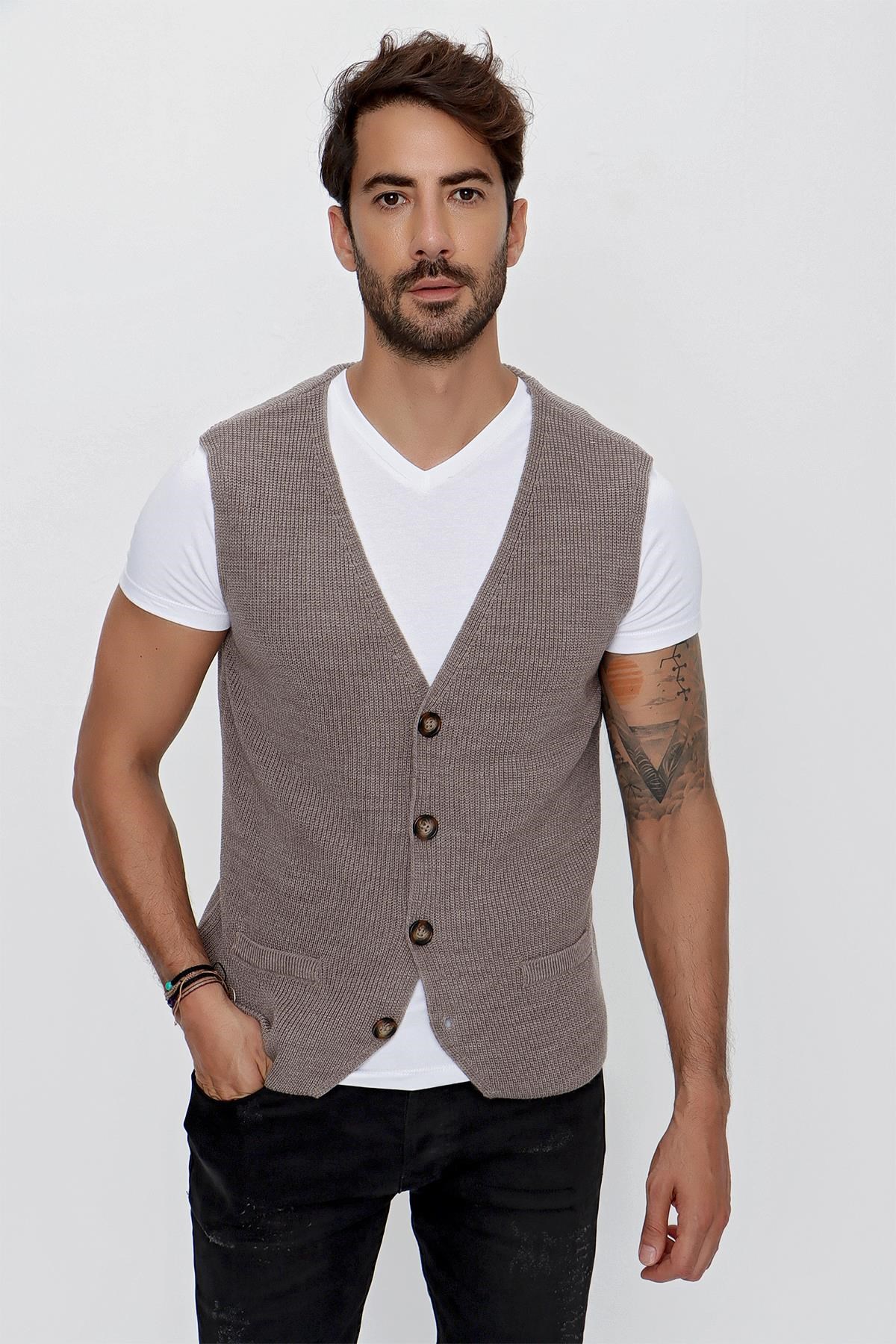 CHUBA Erkek Süs Cepli Regular Fit Triko Yelek Vizon 23W218