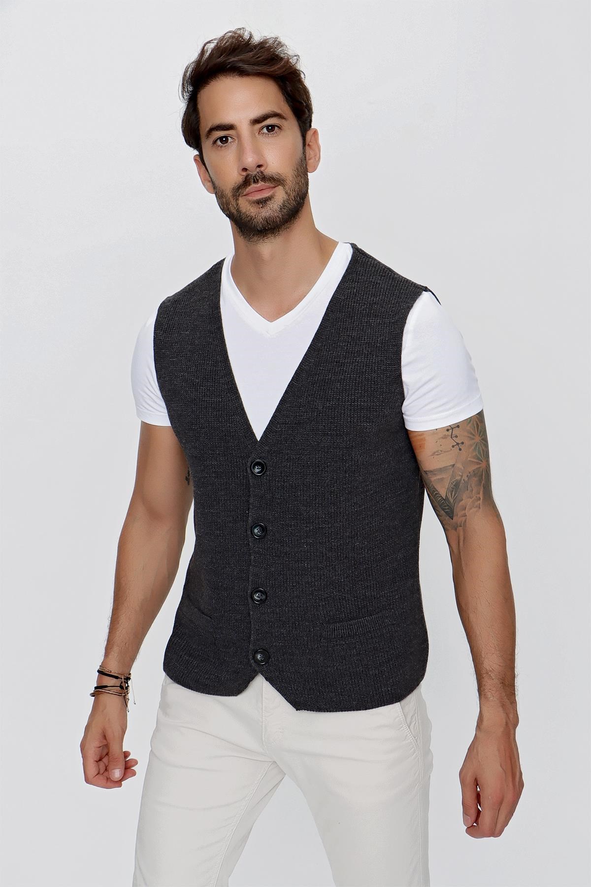 CHUBA Erkek Süs Cepli Regular Fit Triko Yelek Antrasit 23W218