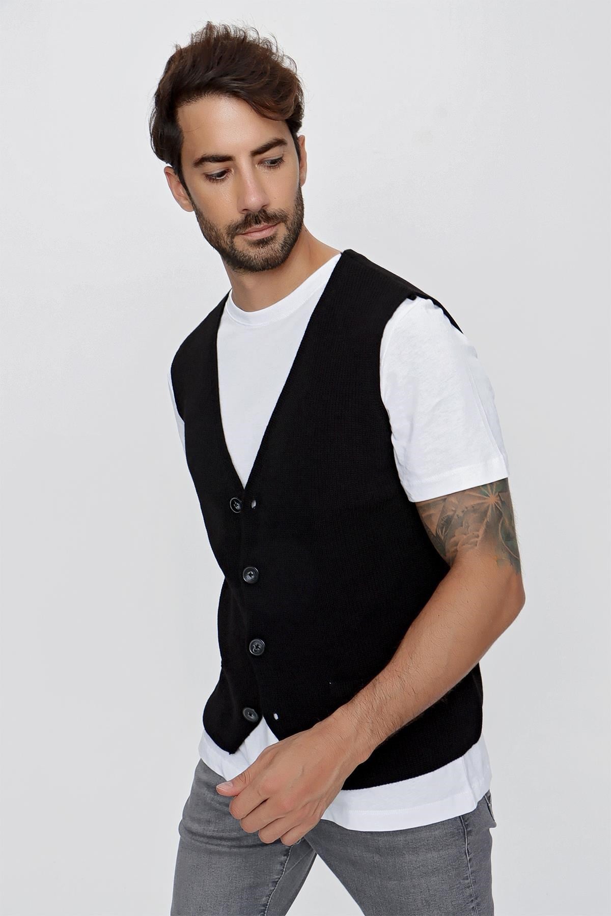 CHUBA Erkek Süs Cepli Regular Fit Triko Yelek Siyah 23W218